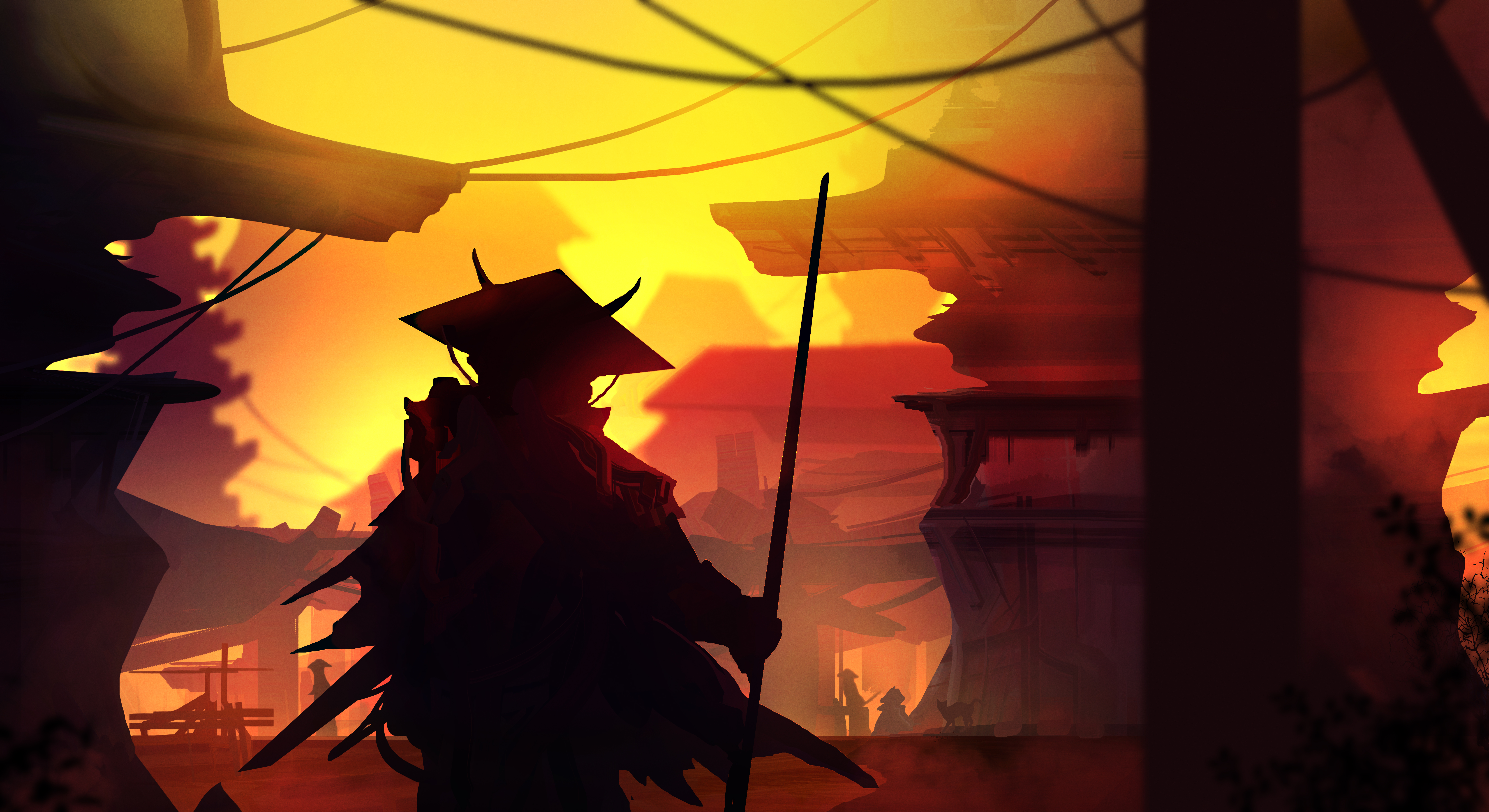 Laden Sie das Fantasie, Krieger, Samurai, Großstadt-Bild kostenlos auf Ihren PC-Desktop herunter