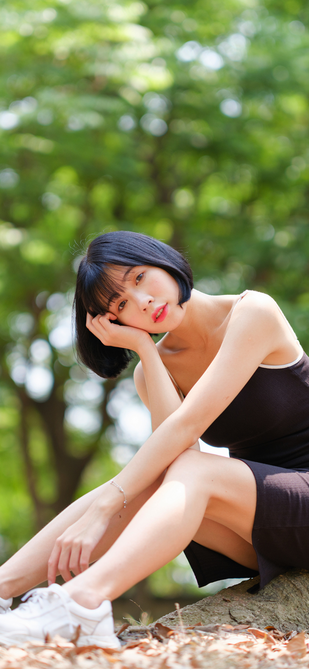 Download mobile wallpaper Model, Women, Asian, Black Hair, Short Hair, Black Dress, Depth Of Field for free.