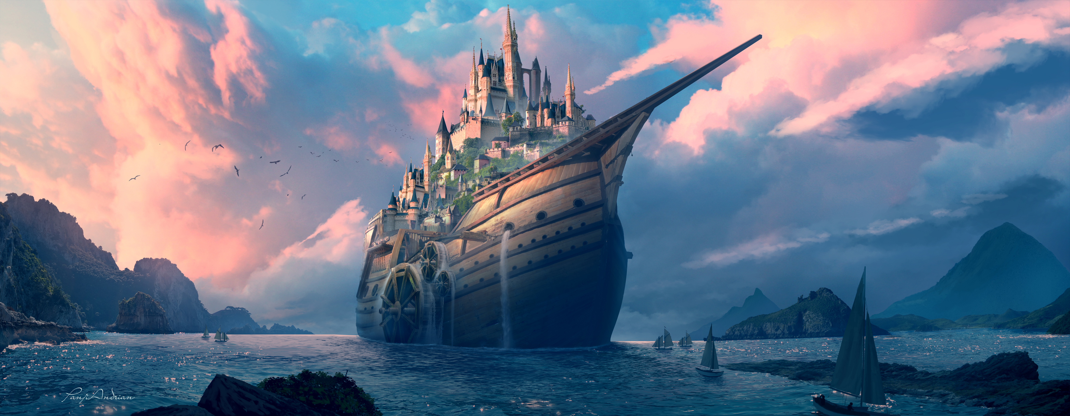 Download mobile wallpaper Fantasy, City, Ship, Cloud for free.