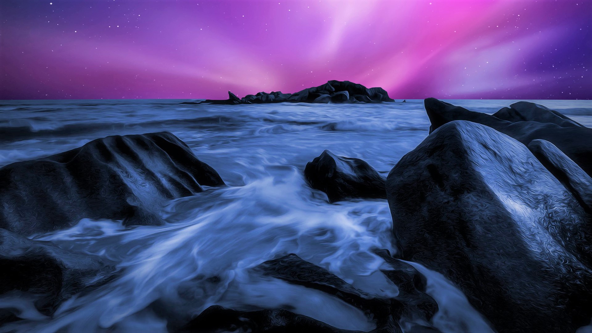Free download wallpaper Sky, Sea, Stars, Pink, Horizon, Ocean, Starry Sky, Artistic on your PC desktop
