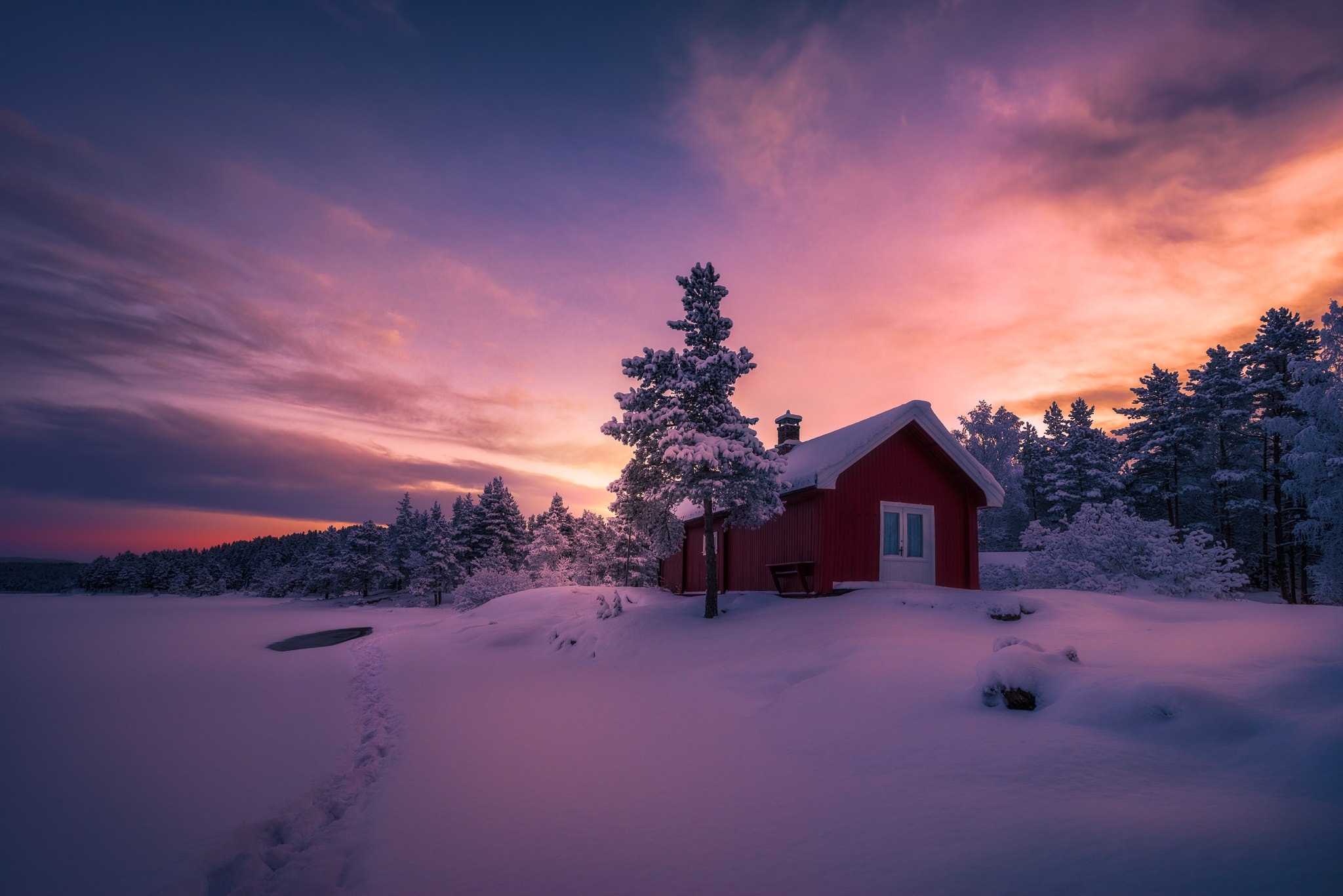 Free download wallpaper Winter, Sunset, Snow, Forest, Tree, House, Photography, Cabin on your PC desktop