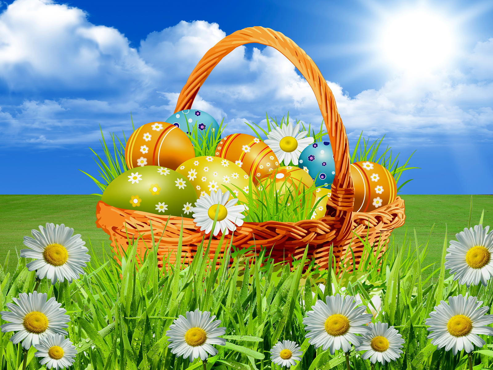 Handy-Wallpaper Feiertage, Ostern, Blume, Bunt, Korb, Gänseblümchen, Gras, Osterei kostenlos herunterladen.