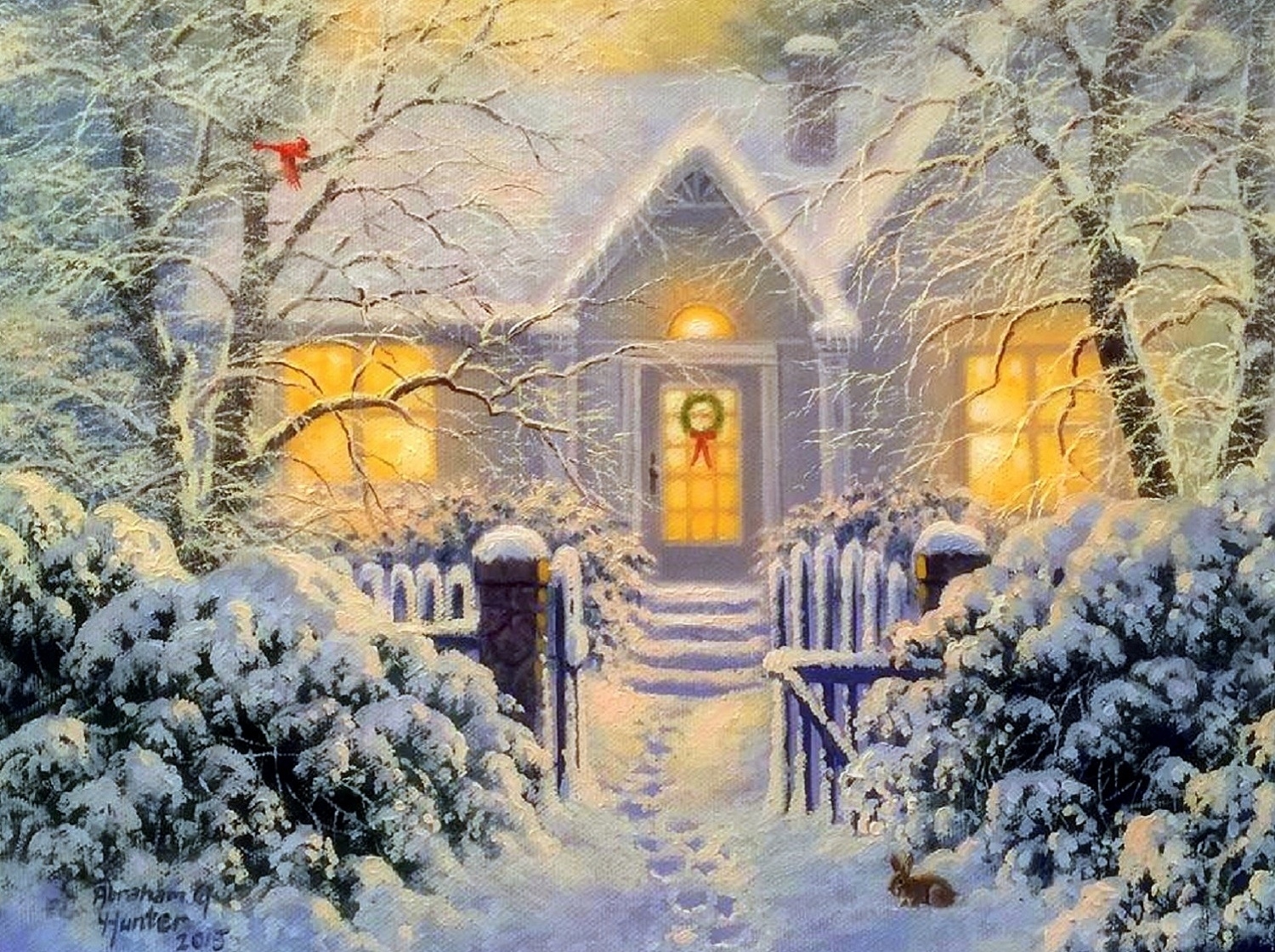 Скачать обои бесплатно Зима, Снег, Дерево, Рождество, Дом, Художественные картинка на рабочий стол ПК