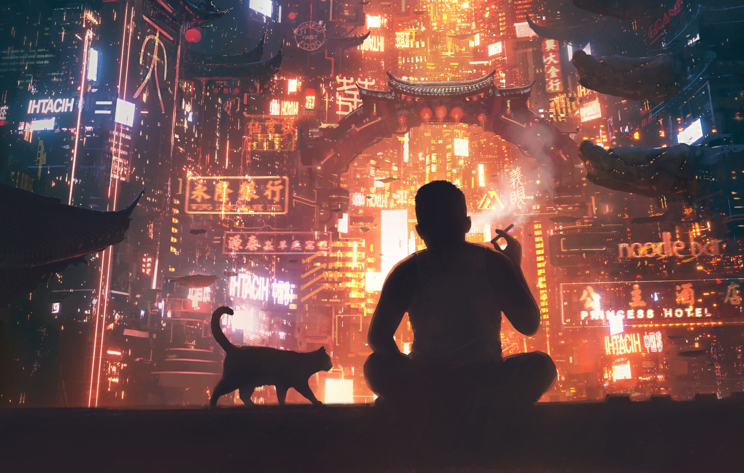 Free download wallpaper Men, City, Silhouette, Cat, Sci Fi, Oriental, Futuristic on your PC desktop