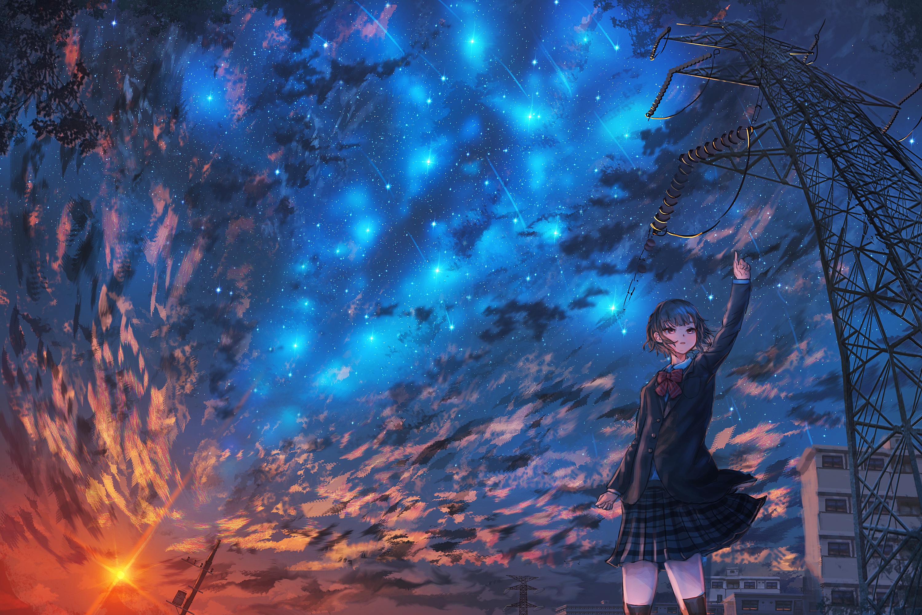 Download mobile wallpaper Anime, Sunset, Sky, Stars, Girl, Blue Hair, School Uniform, Short Hair for free.