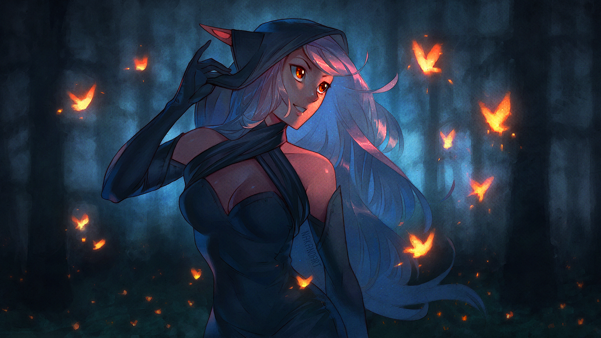 Free download wallpaper Fantasy, Night, Forest, Butterfly, Elf, Red Eyes, Pointed Ears, White Hair on your PC desktop