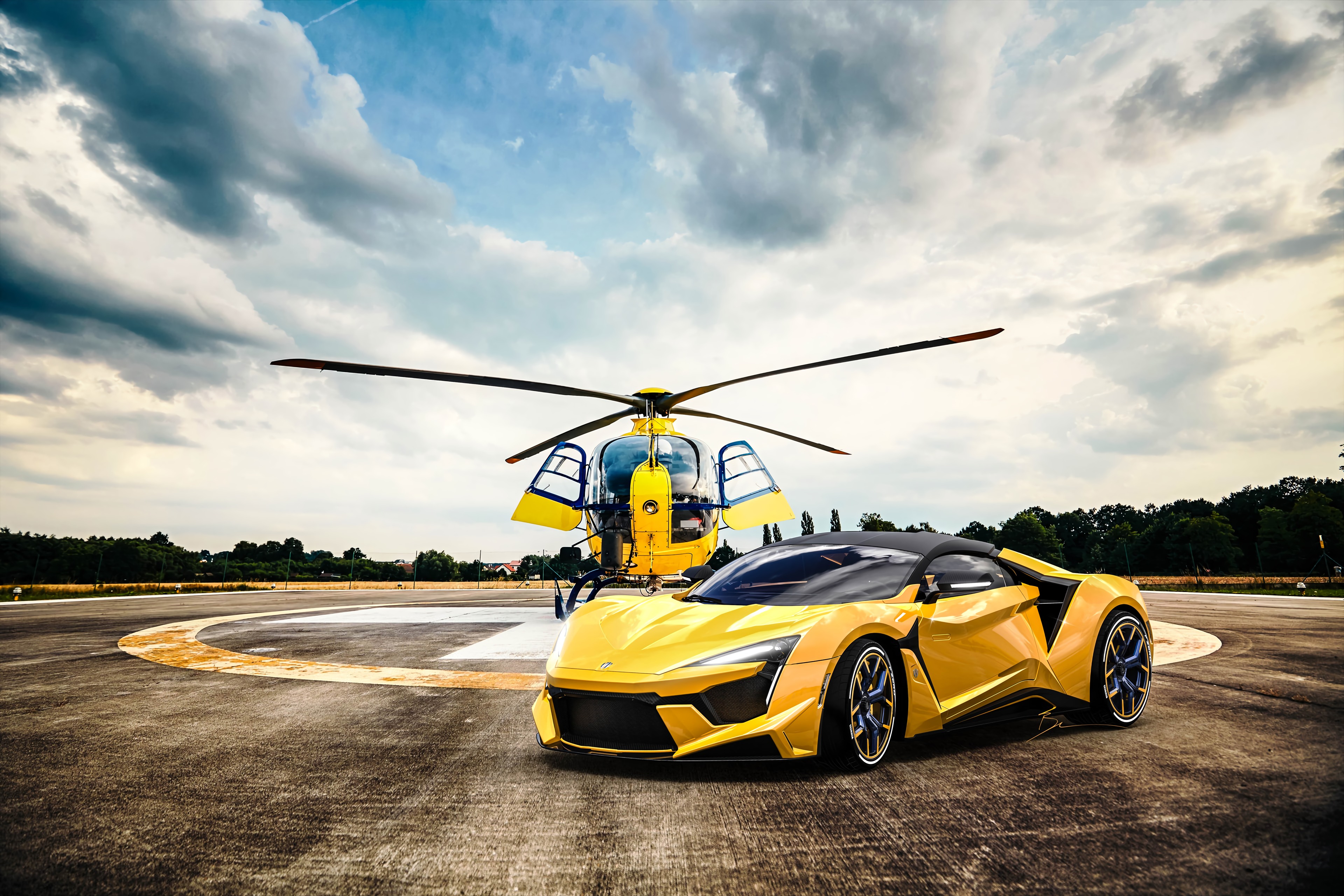 sports car, cars, helicopter, sports, yellow, car, machine