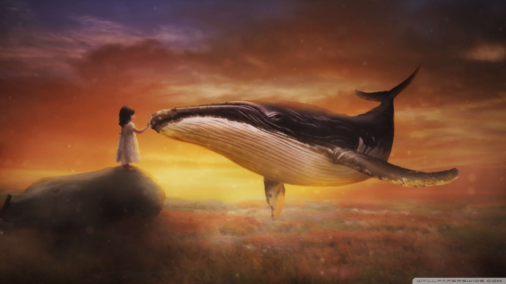 Free download wallpaper Landscape, Fantasy, Child, Whale, Little Girl on your PC desktop