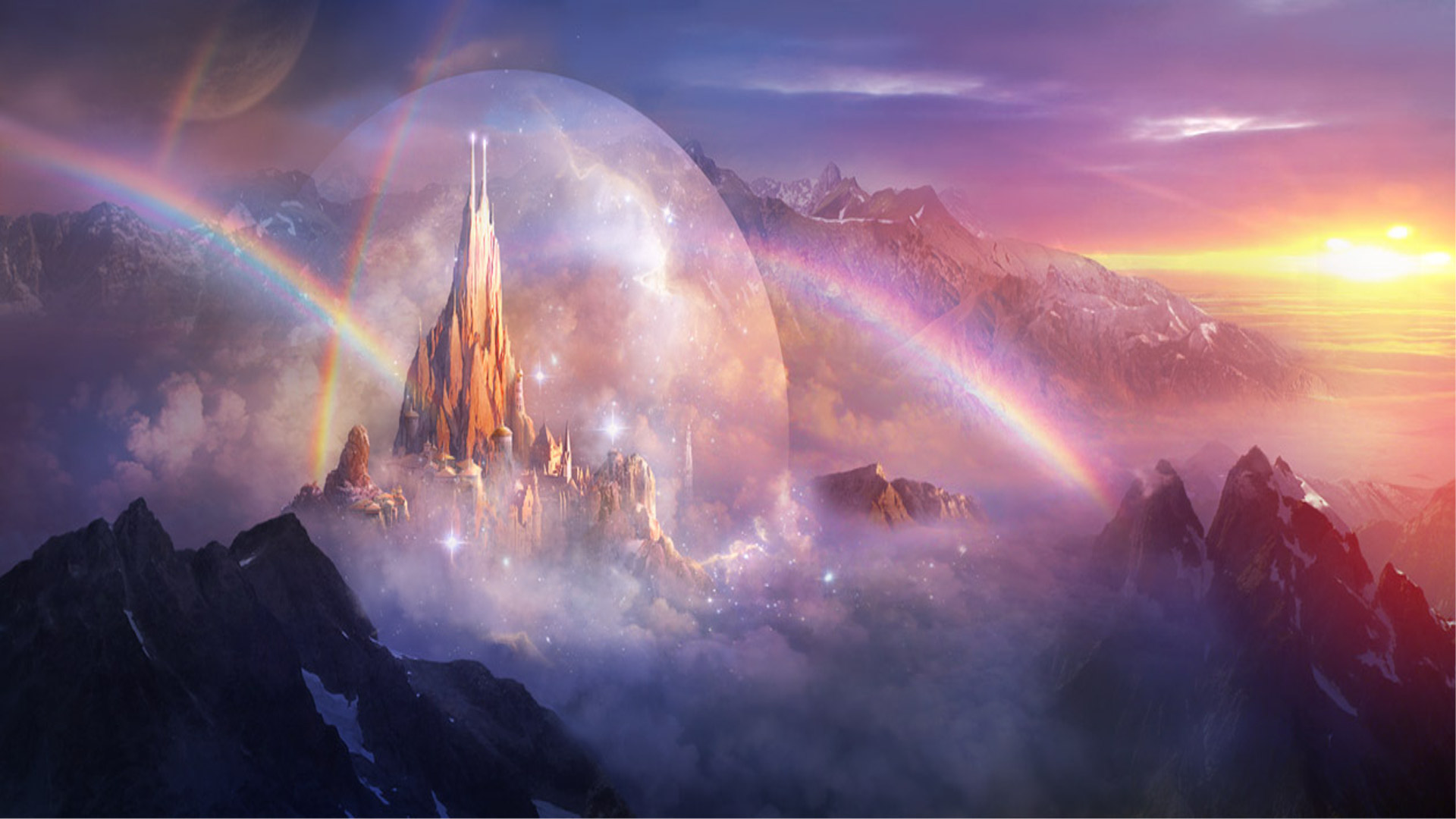 fantasy, castle, landscape, mountain, rainbow, castles