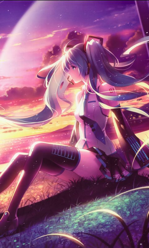 Descarga gratuita de fondo de pantalla para móvil de Vocaloid, Animado, Atardecer, Pelo Largo, Hatsune Miku, Puesta De Sol.