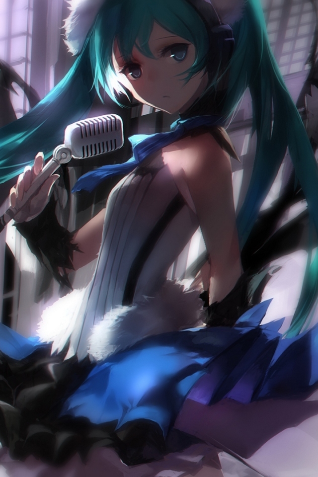 Download mobile wallpaper Anime, Vocaloid, Dress, Microphone, Blue Eyes, Blue Hair, Hatsune Miku, Long Hair, Twintails for free.