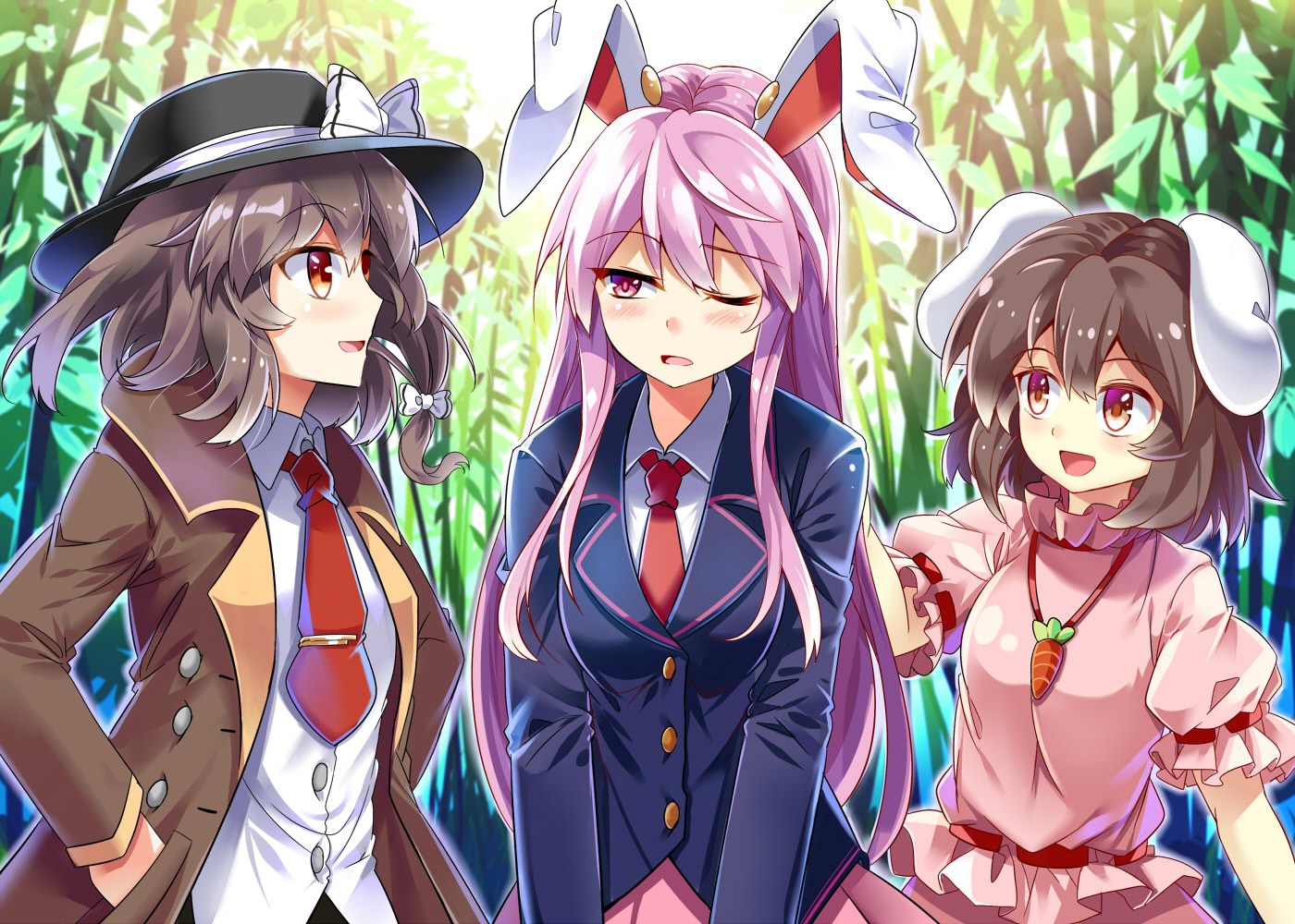 anime, touhou, bunny ears, forest, pink hair, red eyes, reisen udongein inaba, renko usami, tewi inaba