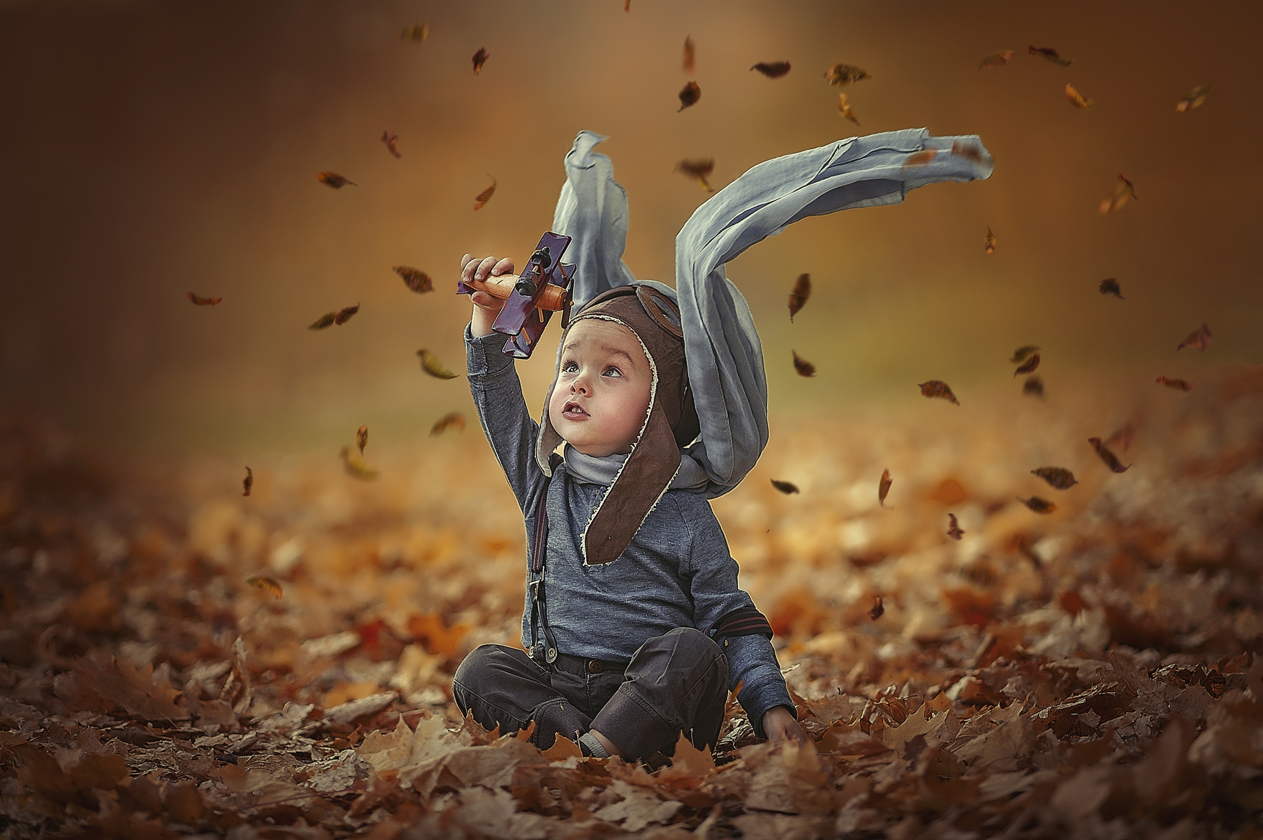 Download mobile wallpaper Toy, Leaf, Fall, Child, Photography, Pilot for free.
