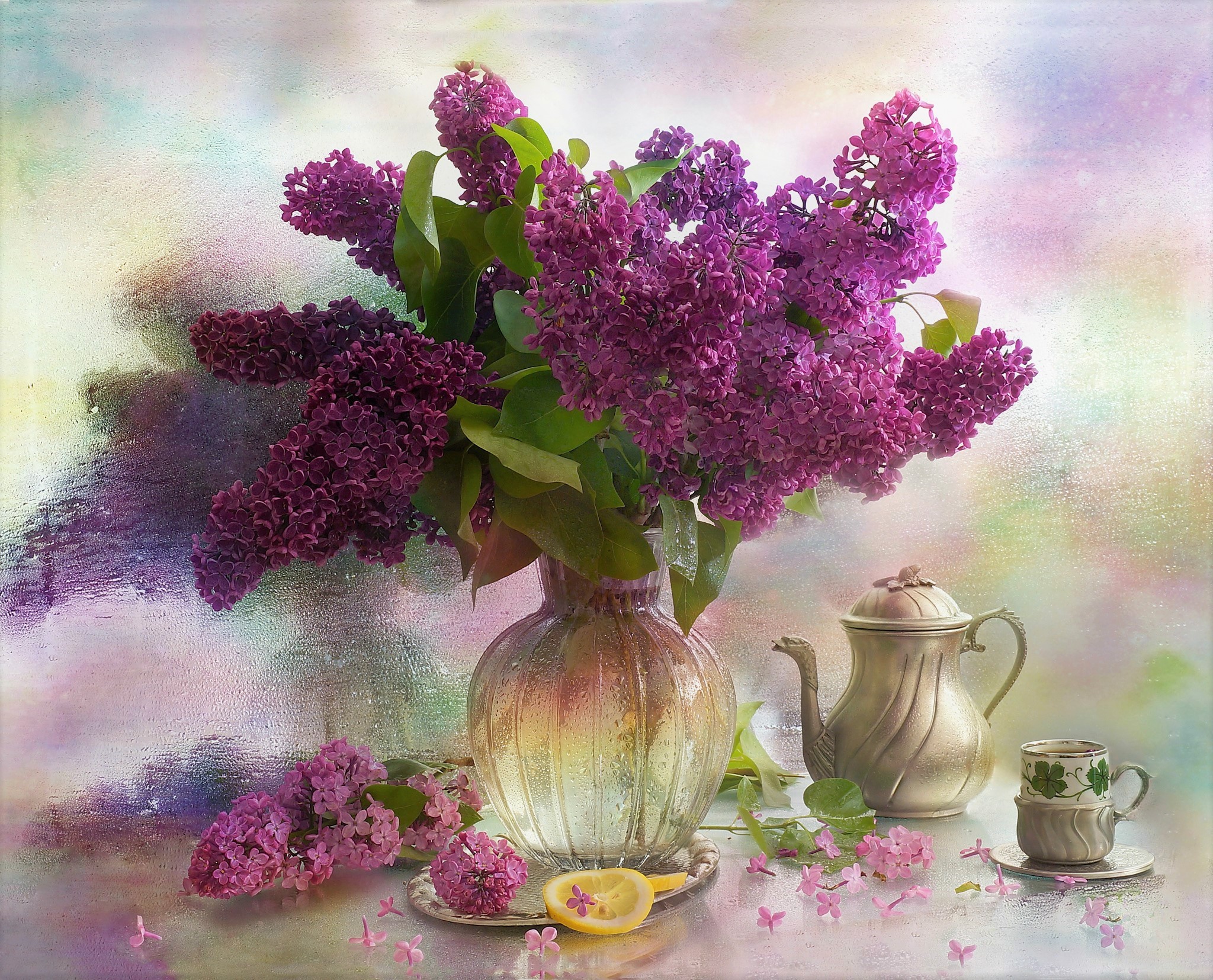 Free download wallpaper Lilac, Still Life, Cup, Vase, Mirror, Photography, Purple Flower, Pitcher on your PC desktop