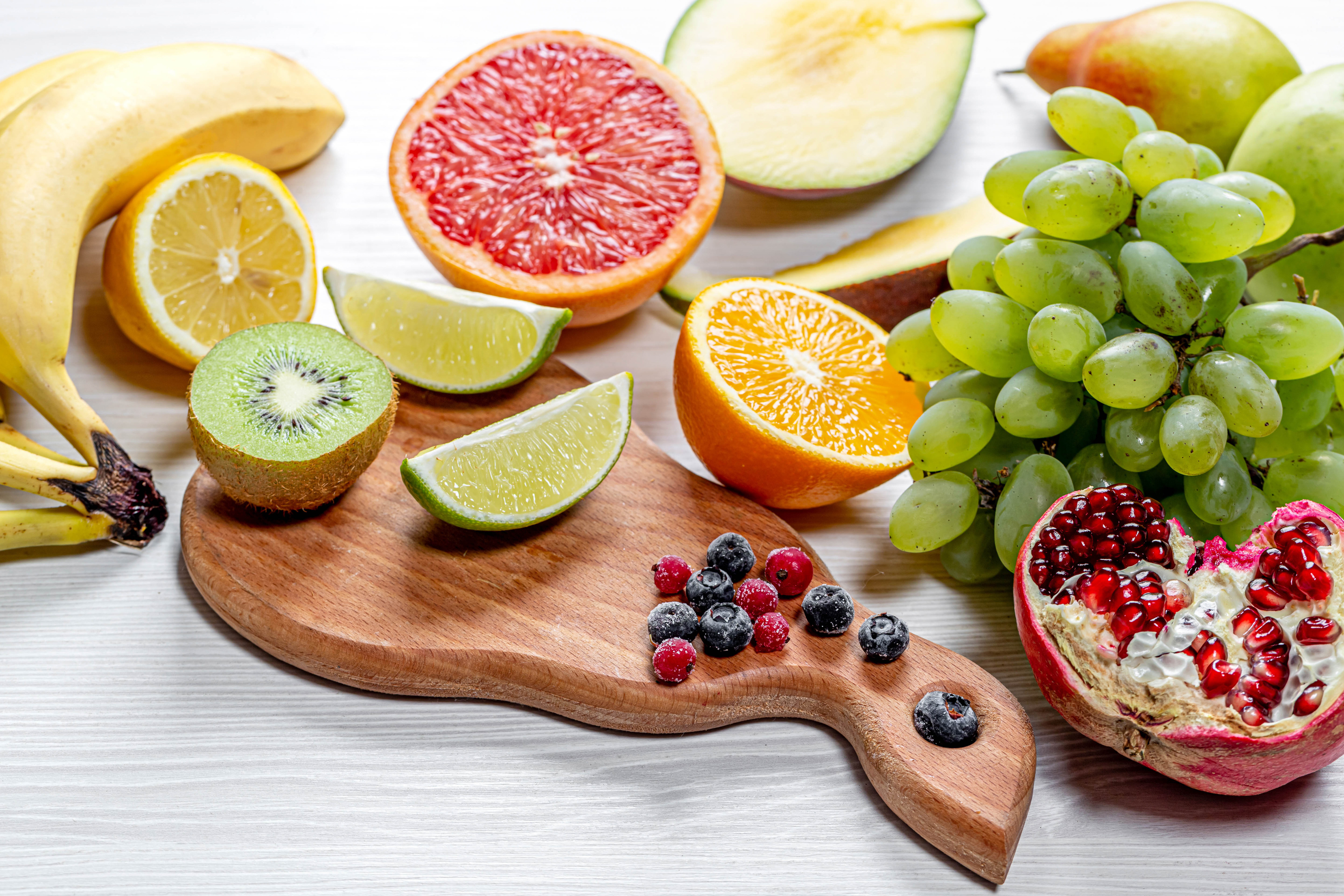 Download mobile wallpaper Fruits, Food, Grapes, Kiwi, Still Life, Berry, Fruit, Pomegranate, Banana for free.