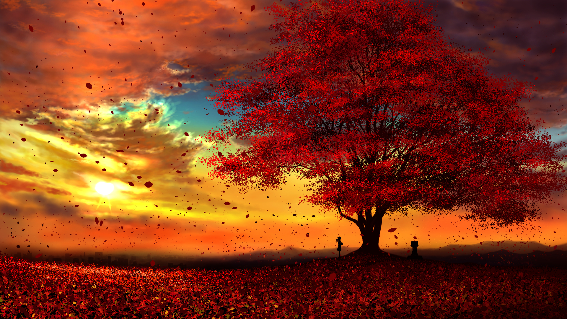 876853 скачать обои осень, листва, мир, аниме, оригинал, облака, солнце, дерево - заставки и картинки бесплатно