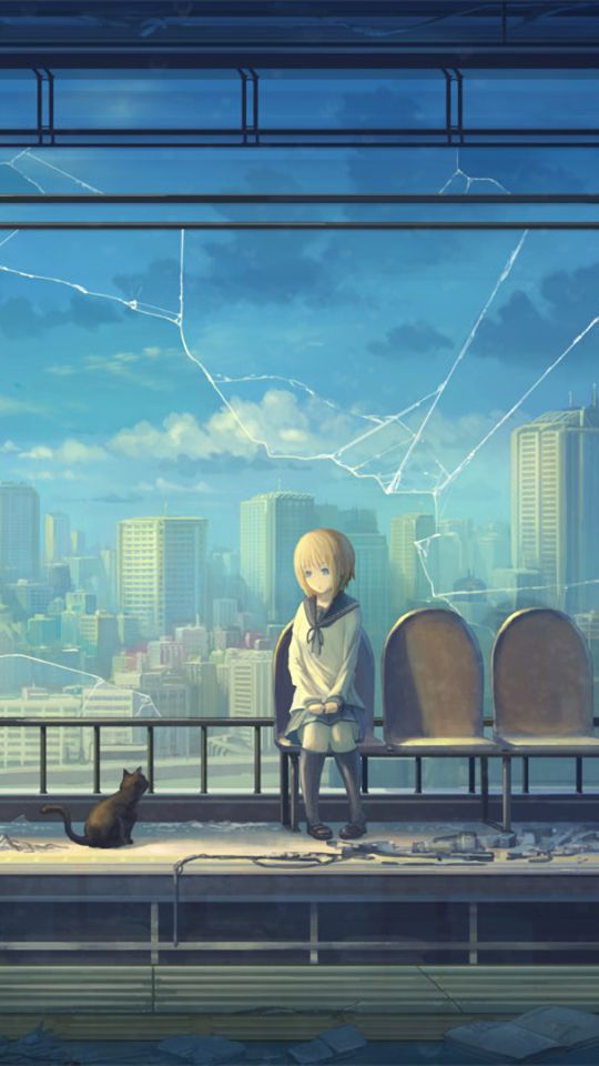 anime, original, city, train station, broken glass, cat, building, cloud, sky