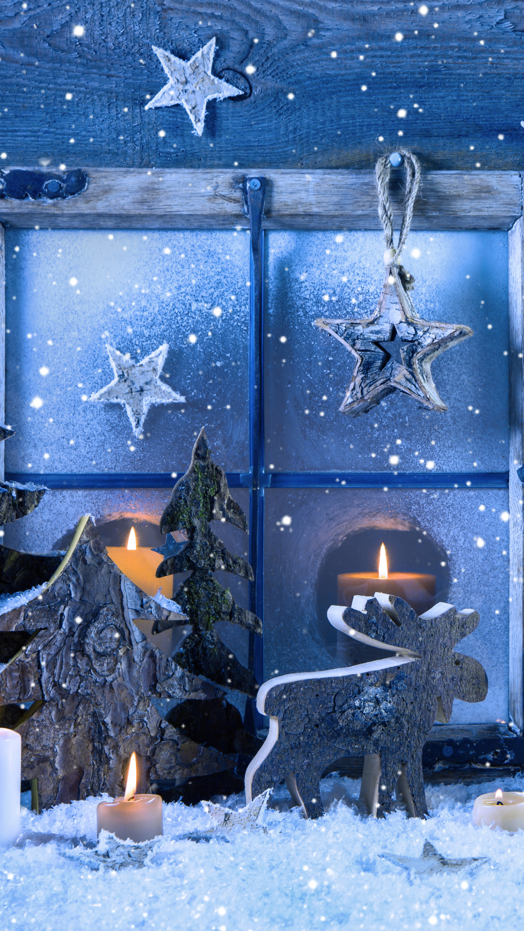 Download mobile wallpaper Snow, Christmas, Holiday, Window, Candle, Star, Reindeer for free.