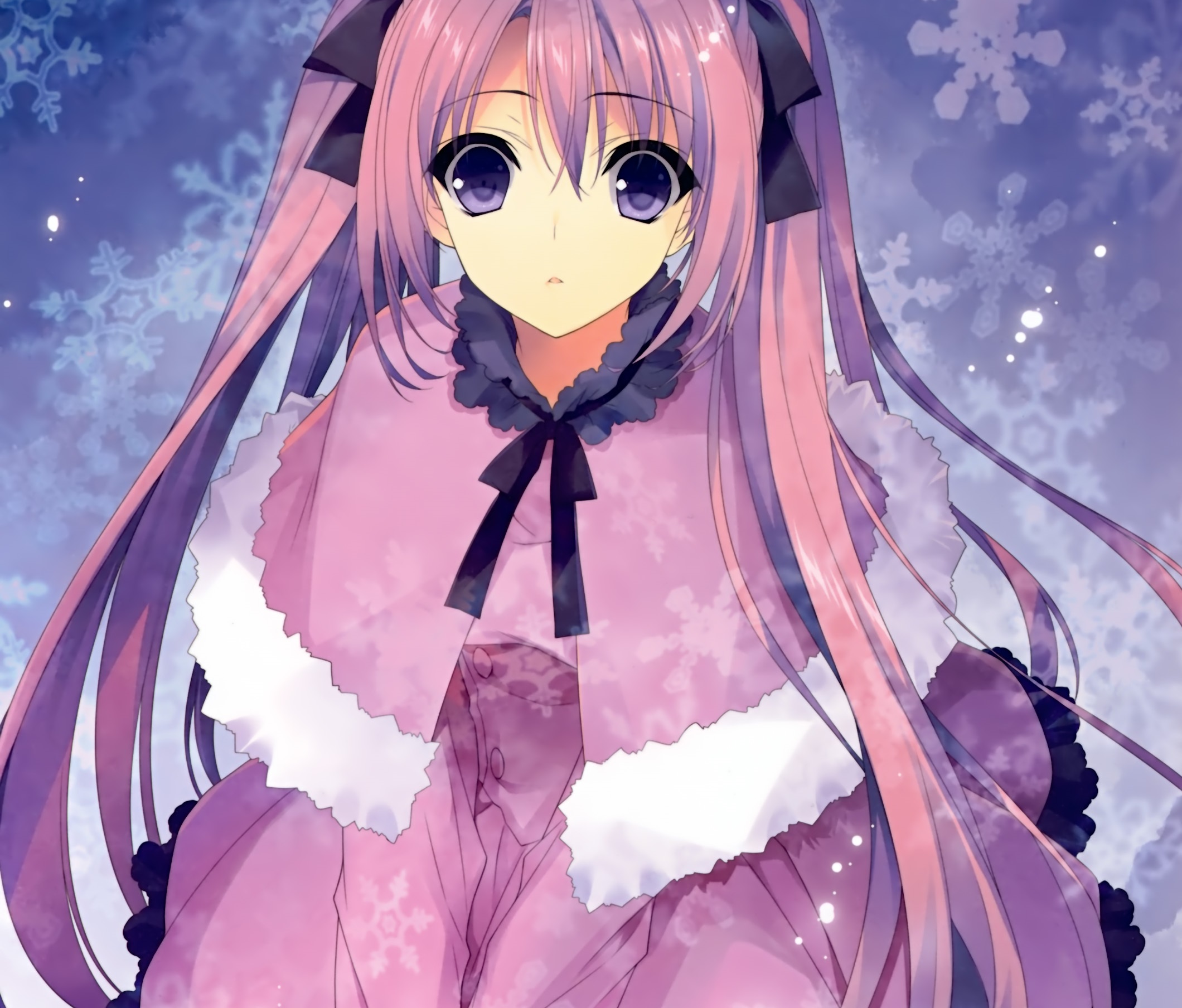 Download mobile wallpaper Anime, Snowflake, Coat, Ribbon, Blue Eyes, Original, Long Hair, Twintails, Purple Hair for free.
