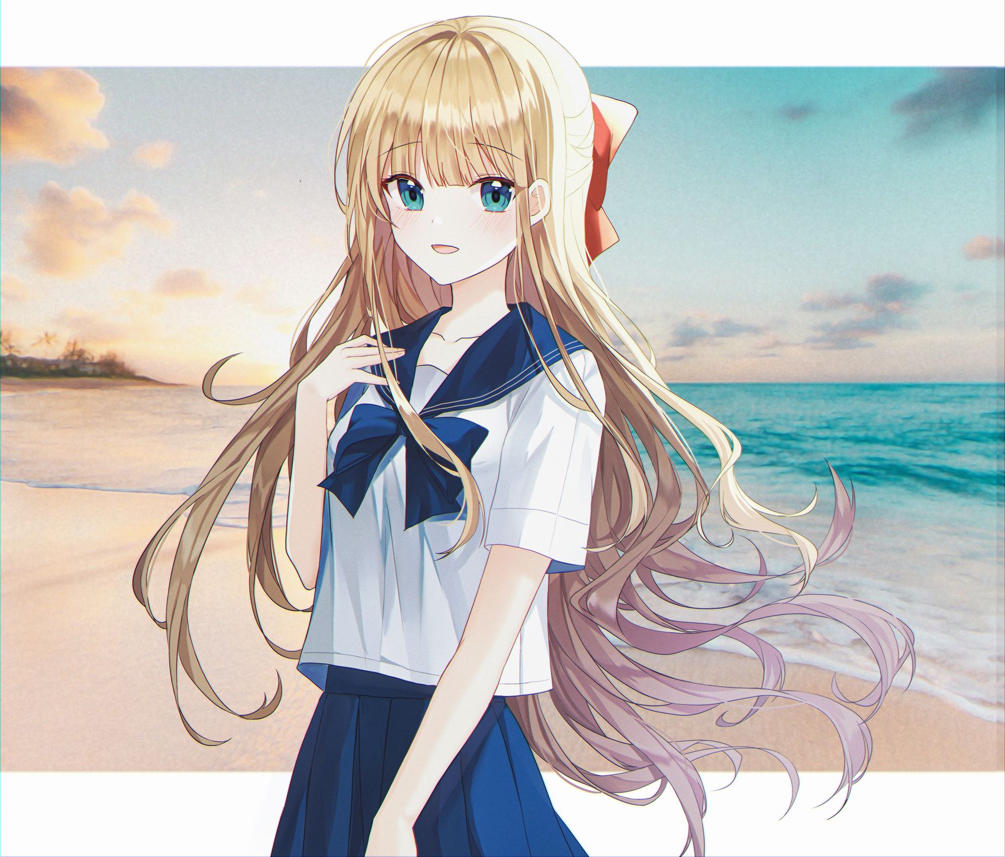 Free download wallpaper Anime, Beach, Blonde, Original on your PC desktop