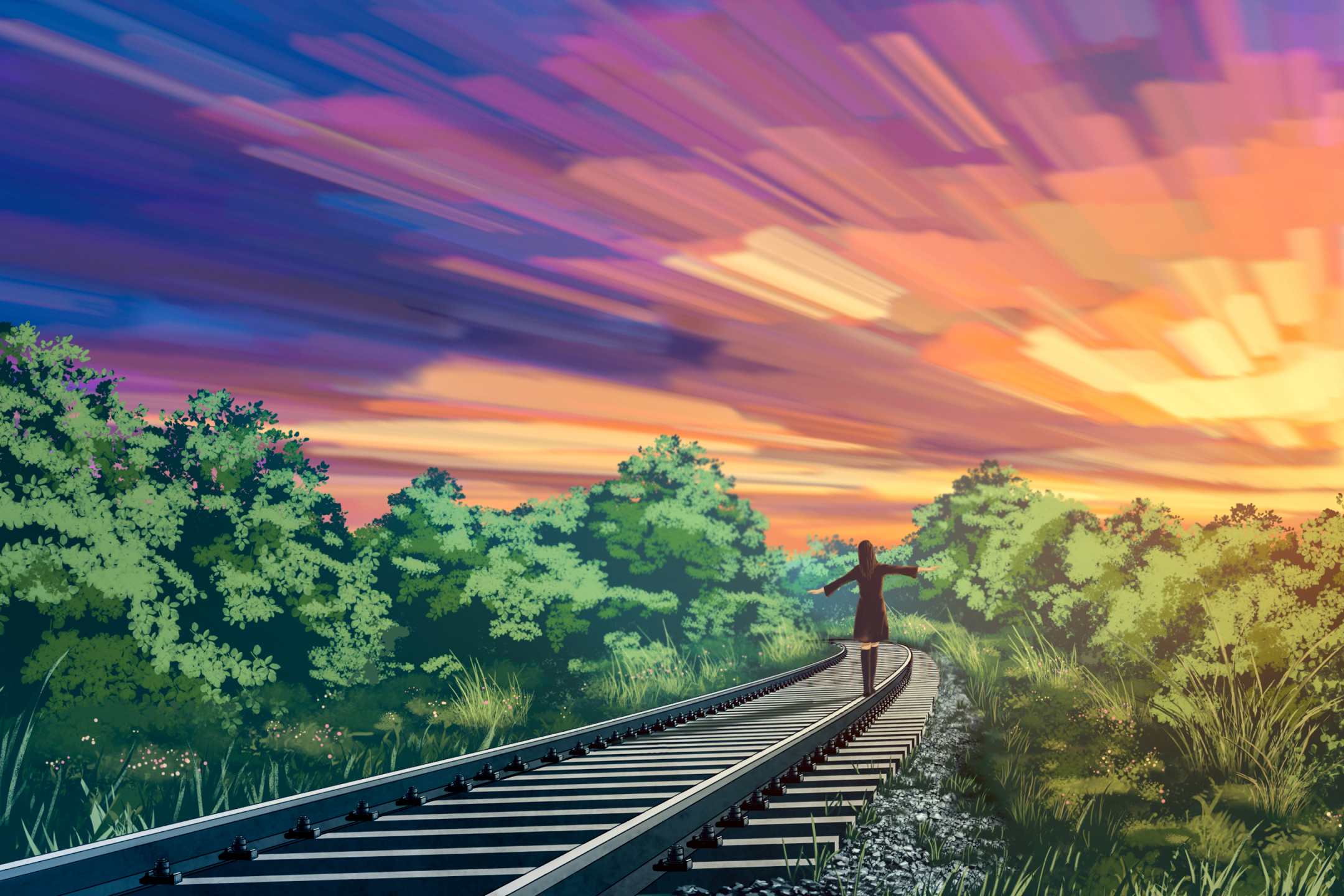 Download mobile wallpaper Anime, Sunset, Railroad for free.