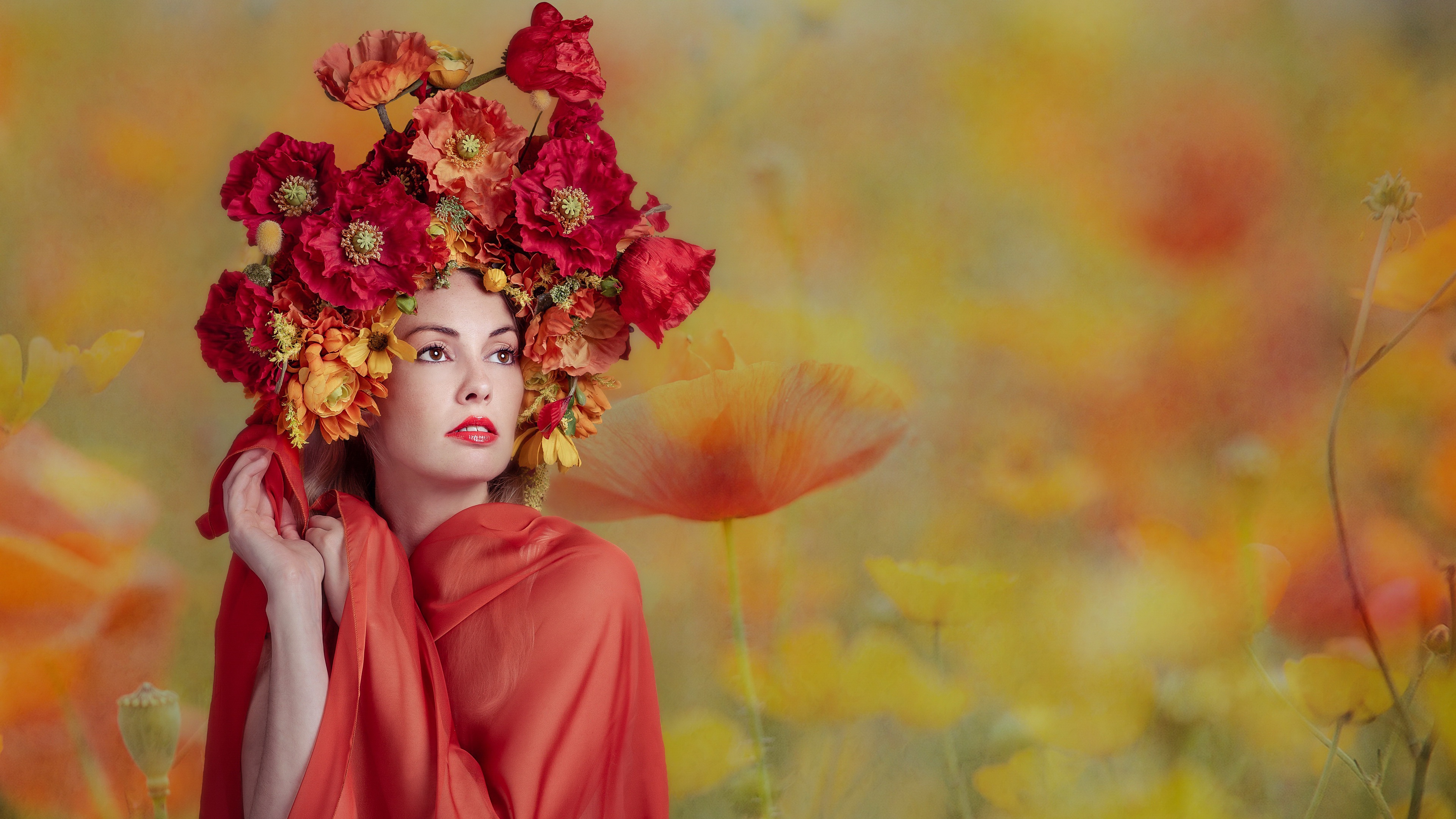Free download wallpaper Flower, Wreath, Model, Women, Brown Eyes, Lipstick on your PC desktop