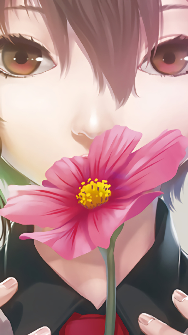 Download mobile wallpaper Anime, Flower, Girl, Brown Eyes, Brown Hair for free.