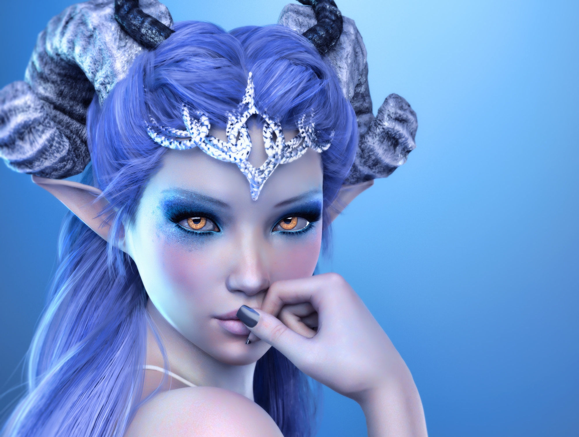 Download mobile wallpaper Fantasy, Jewelry, Elf, Horns, Demon, Blue Hair for free.