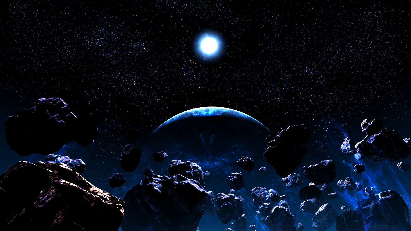 810870 Hintergrundbild herunterladen schwarz, 3d, animes, original, asteroid, blau, cgi, planet, weltraum, sterne - Bildschirmschoner und Bilder kostenlos