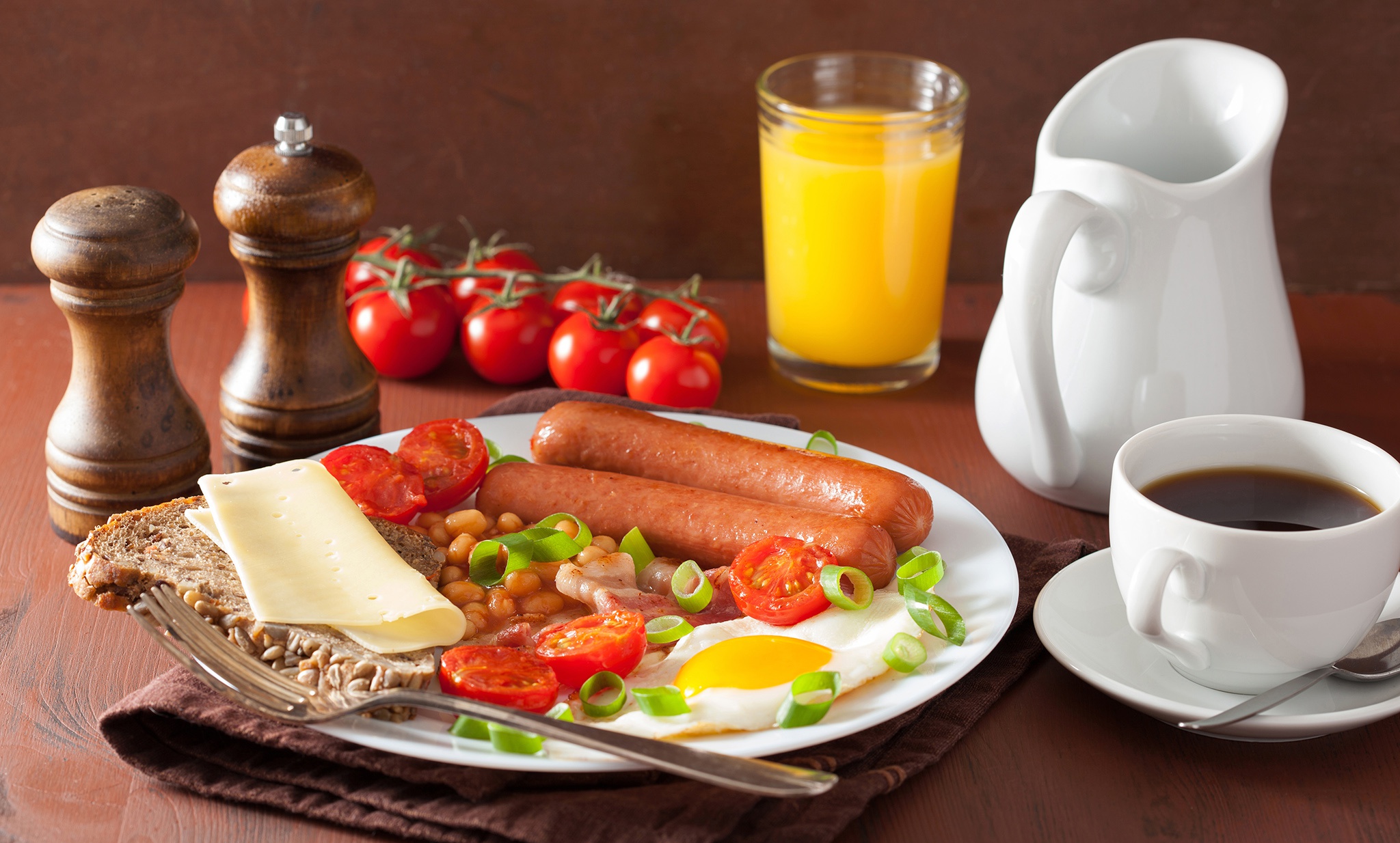 Download mobile wallpaper Food, Cheese, Coffee, Still Life, Cup, Glass, Breakfast, Tomato, Juice, Sausage for free.