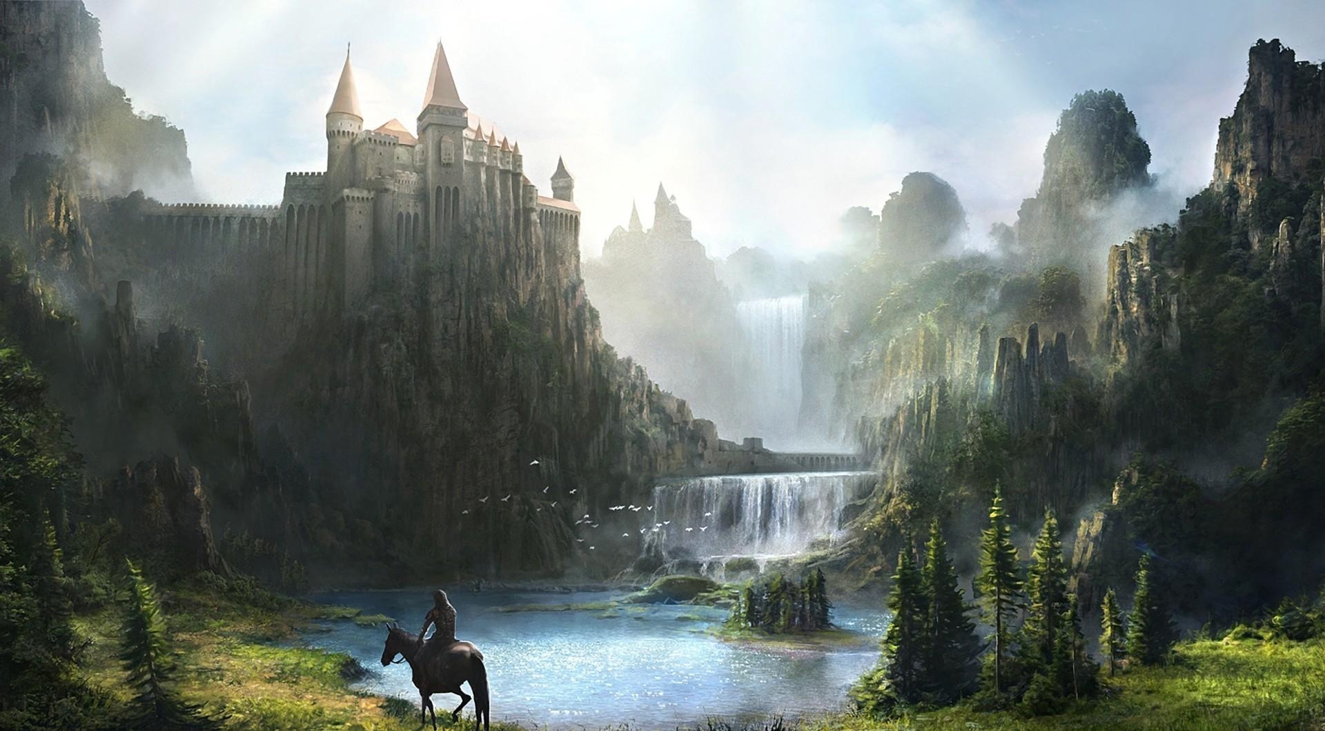 PC Wallpapers fantasy, mountains, lock, waterfall, greens, rider, horseman