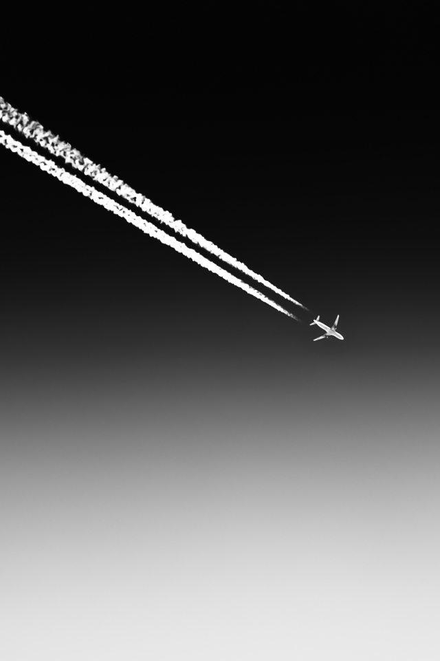 Download mobile wallpaper Sky, Smoke, Aircraft, Passenger Plane, Vehicles, Black & White, Minimalist for free.