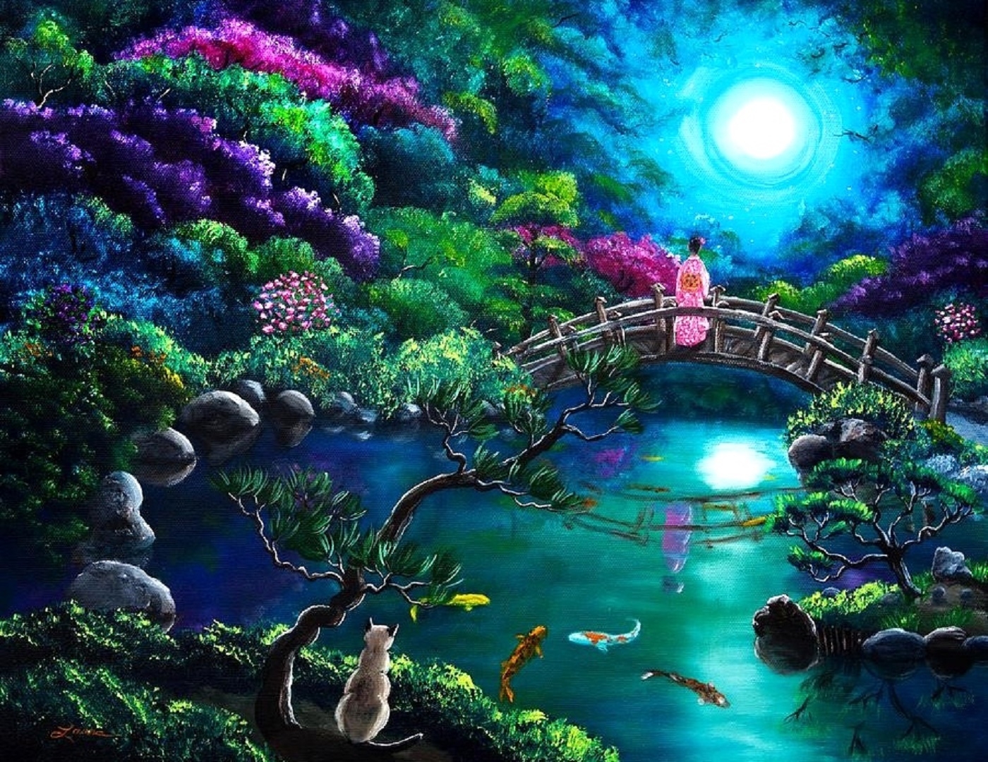Free download wallpaper Bridges, Moon, Flower, Bridge, Colors, Colorful, Artistic, Geisha, Asian on your PC desktop