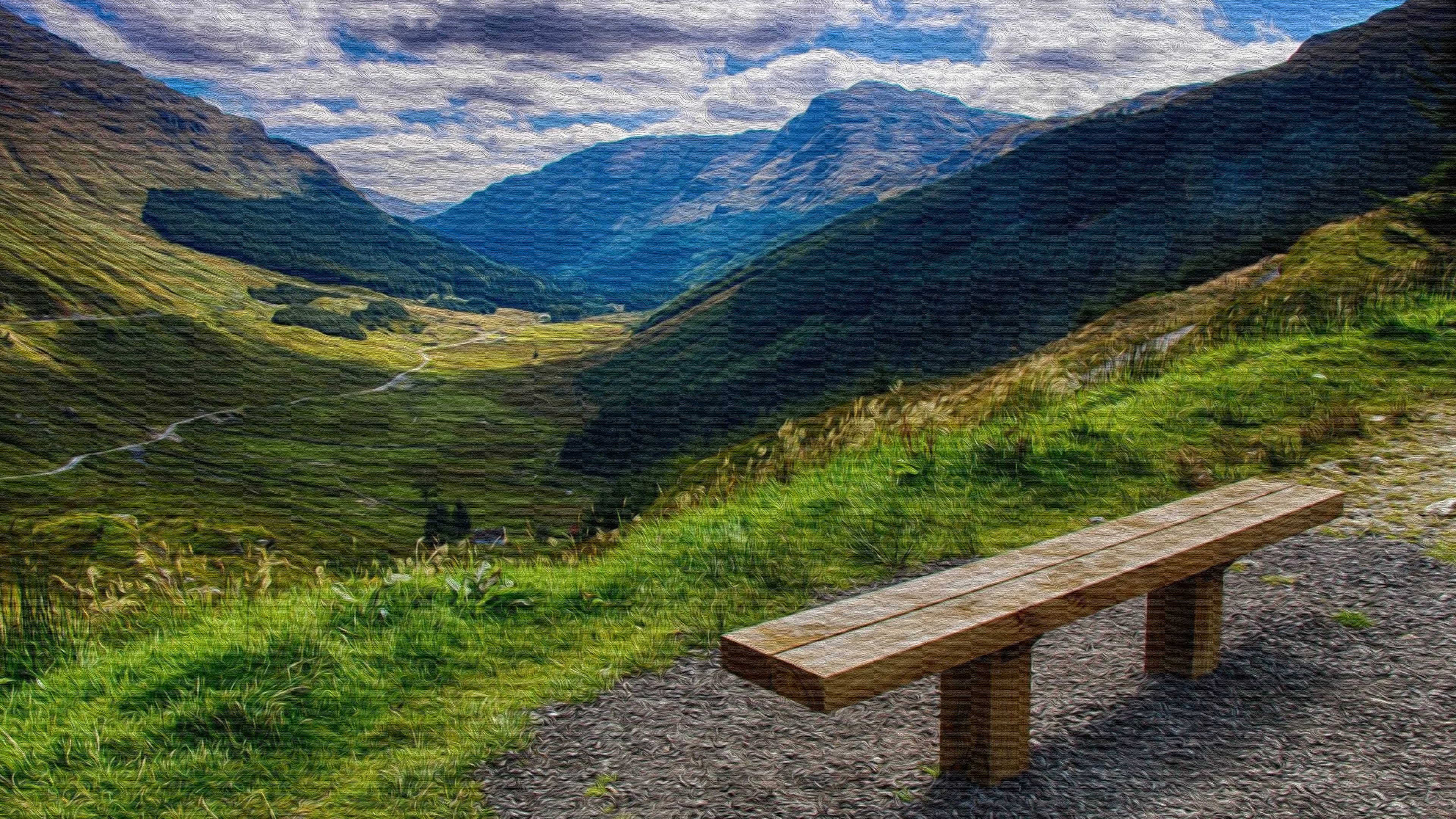 Free download wallpaper Landscape, Mountain, Bench, Valley, Artistic, Scenery on your PC desktop