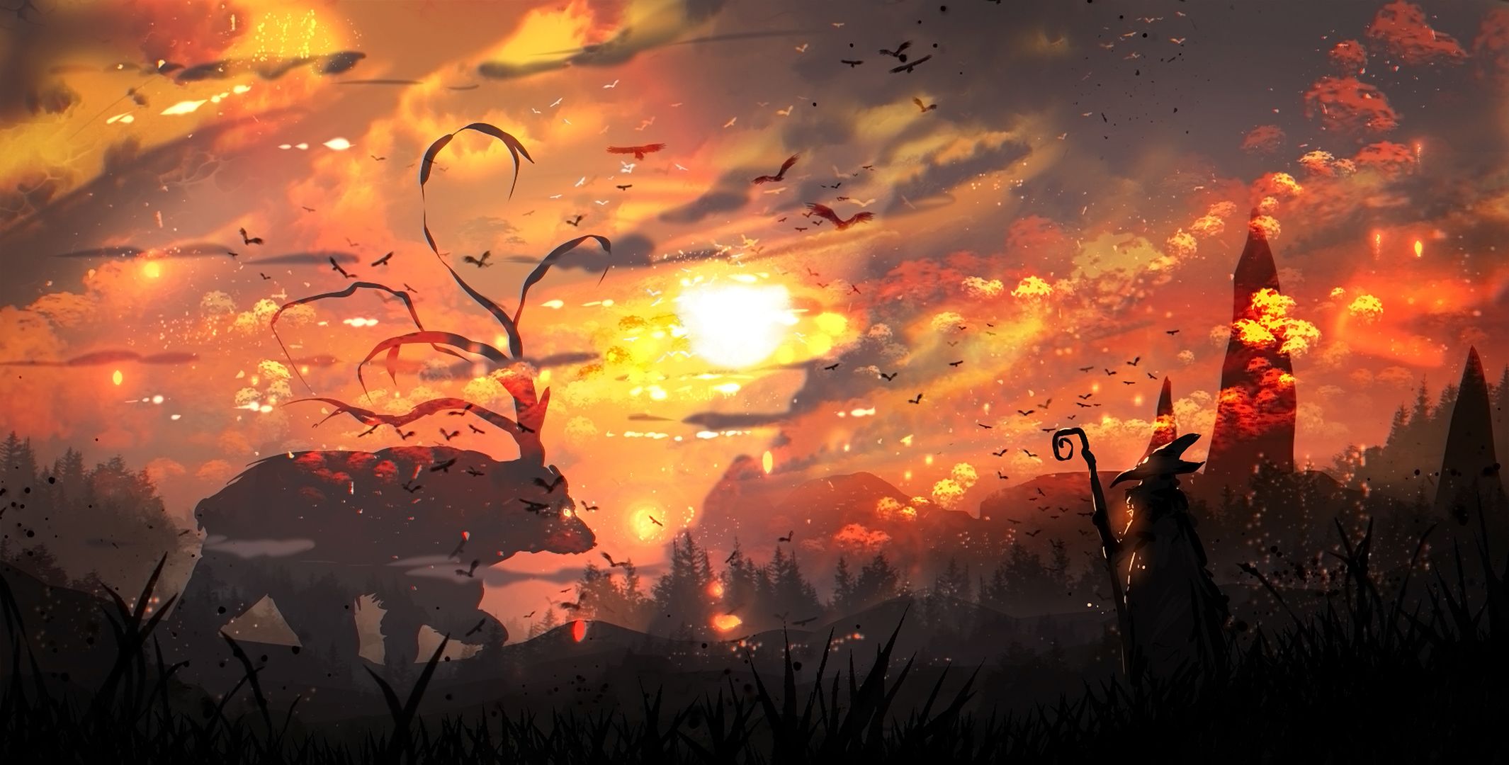 Download mobile wallpaper Anime, Fantasy, Sky, Sun, Creature, Original, Wizard for free.
