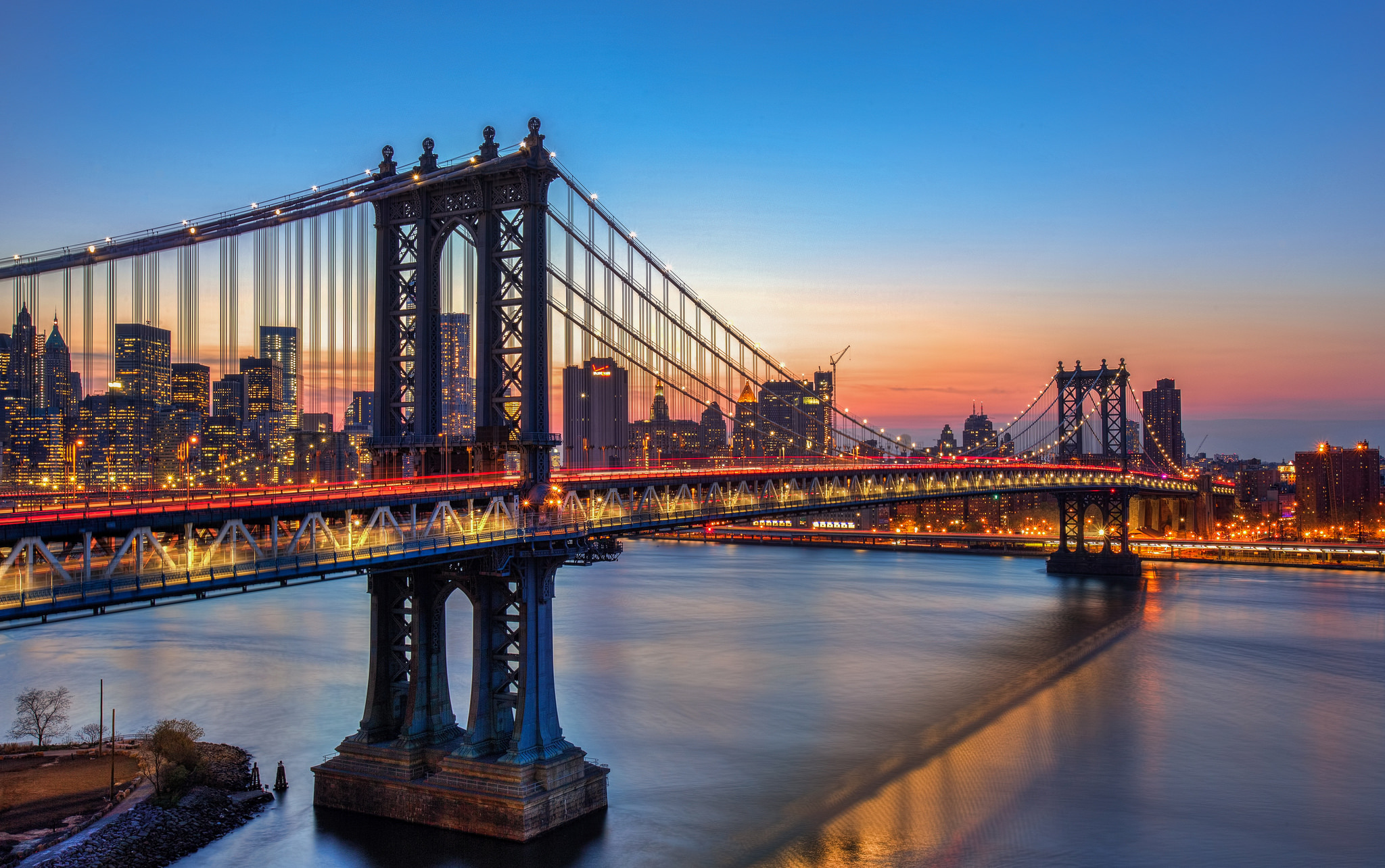 Laden Sie das Licht, New York, Manhattan Brücke, Sonnenuntergang, Vereinigte Staaten Von Amerika, Brücken, Menschengemacht-Bild kostenlos auf Ihren PC-Desktop herunter
