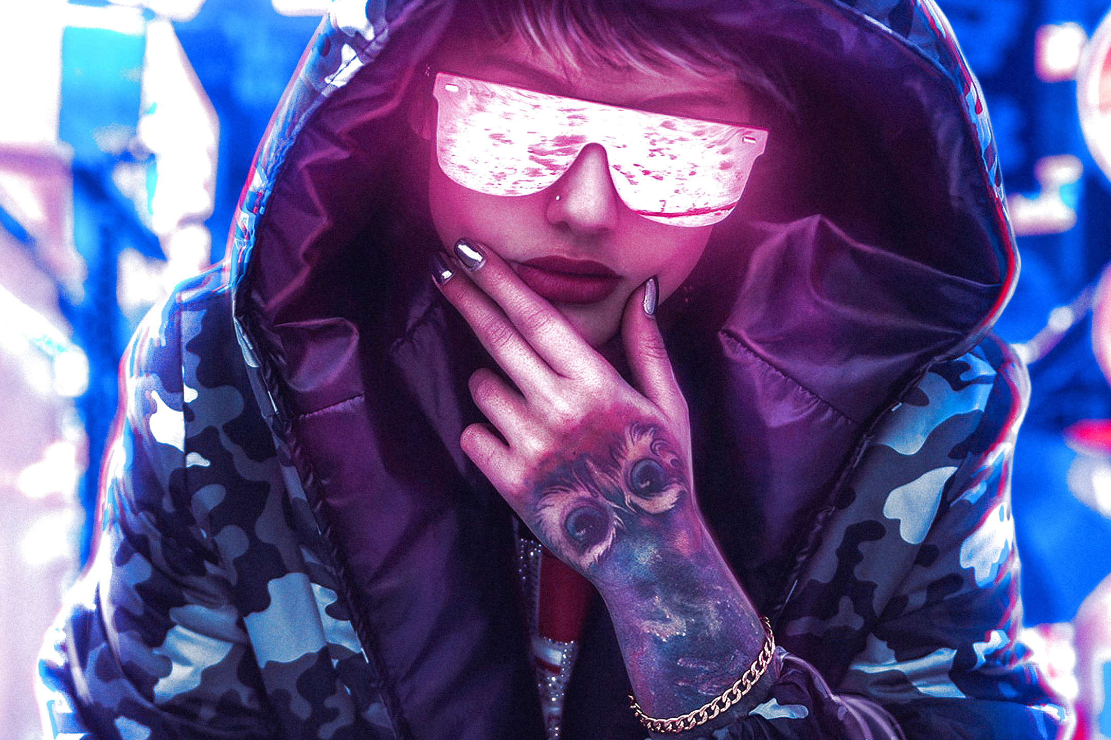 Download mobile wallpaper Cyberpunk, Tattoo, Sci Fi, Hood, Sunglasses, Lipstick for free.