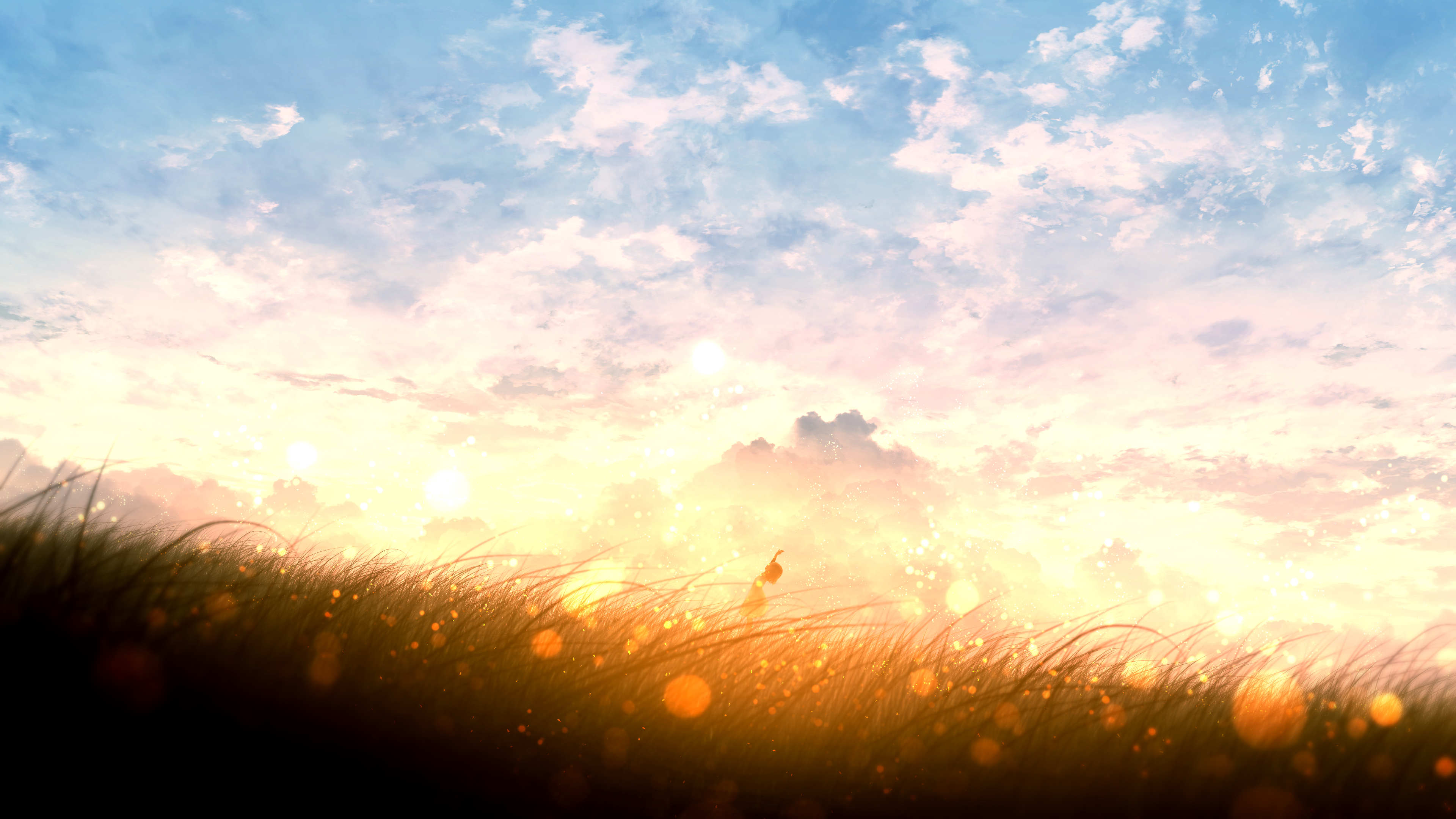 Download mobile wallpaper Anime, Sunset, Sky, Field, Cloud for free.