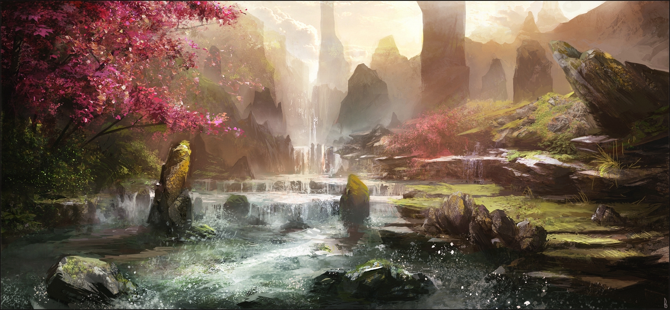 Free download wallpaper Landscape, Fantasy, Flower, Waterfall, Spring, Blossom on your PC desktop