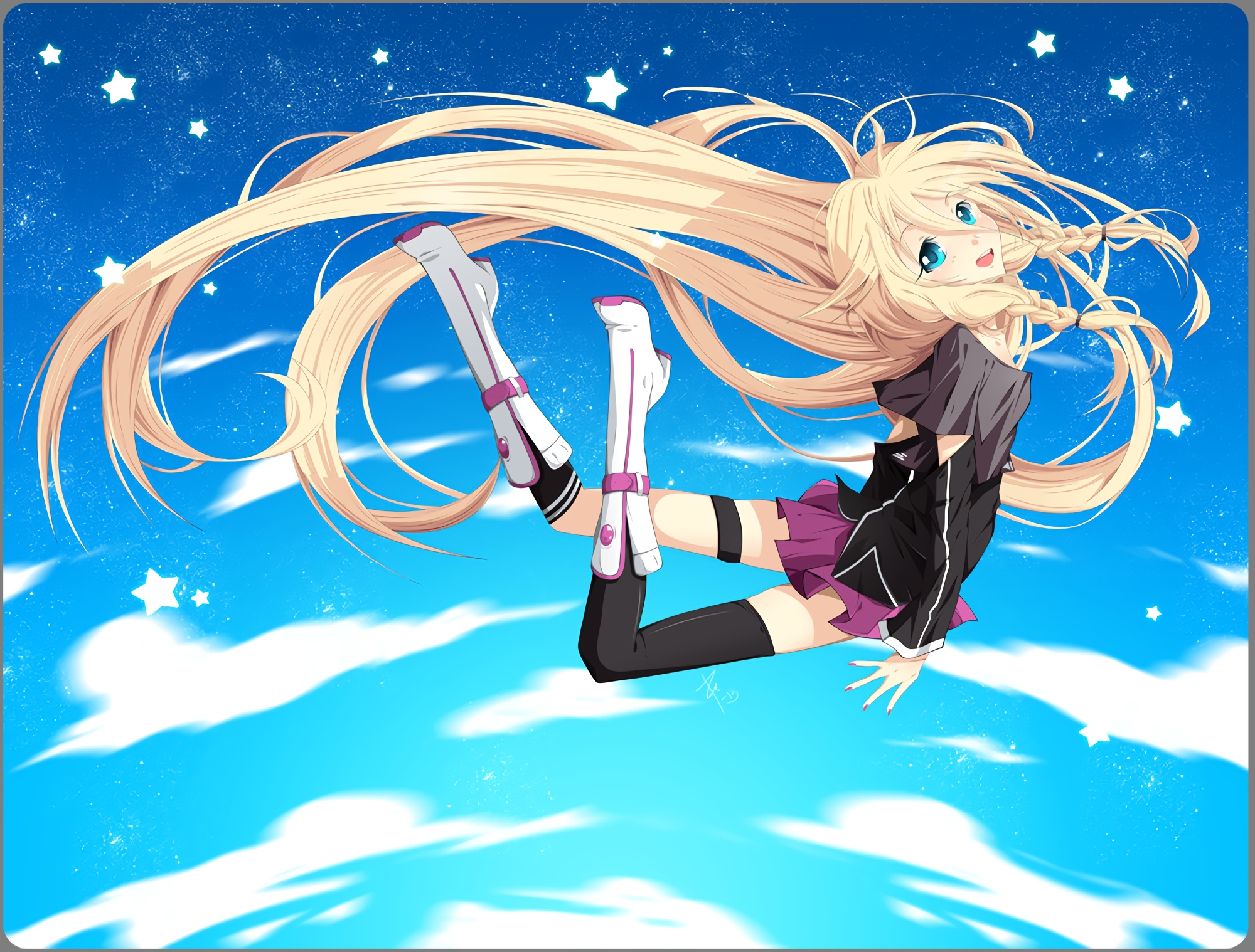 Download mobile wallpaper Anime, Sky, Smile, Cloud, Blonde, Vocaloid, Skirt, Blue Eyes, Braid, Blush, Long Hair, Thigh Highs, Ia (Vocaloid) for free.