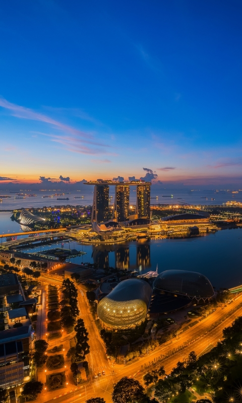 無料モバイル壁紙都市, 街, 超高層ビル, 建物, 地平線, 光, シンガポール, 夜, マンメイド, 空中, マリーナベイサンズをダウンロードします。