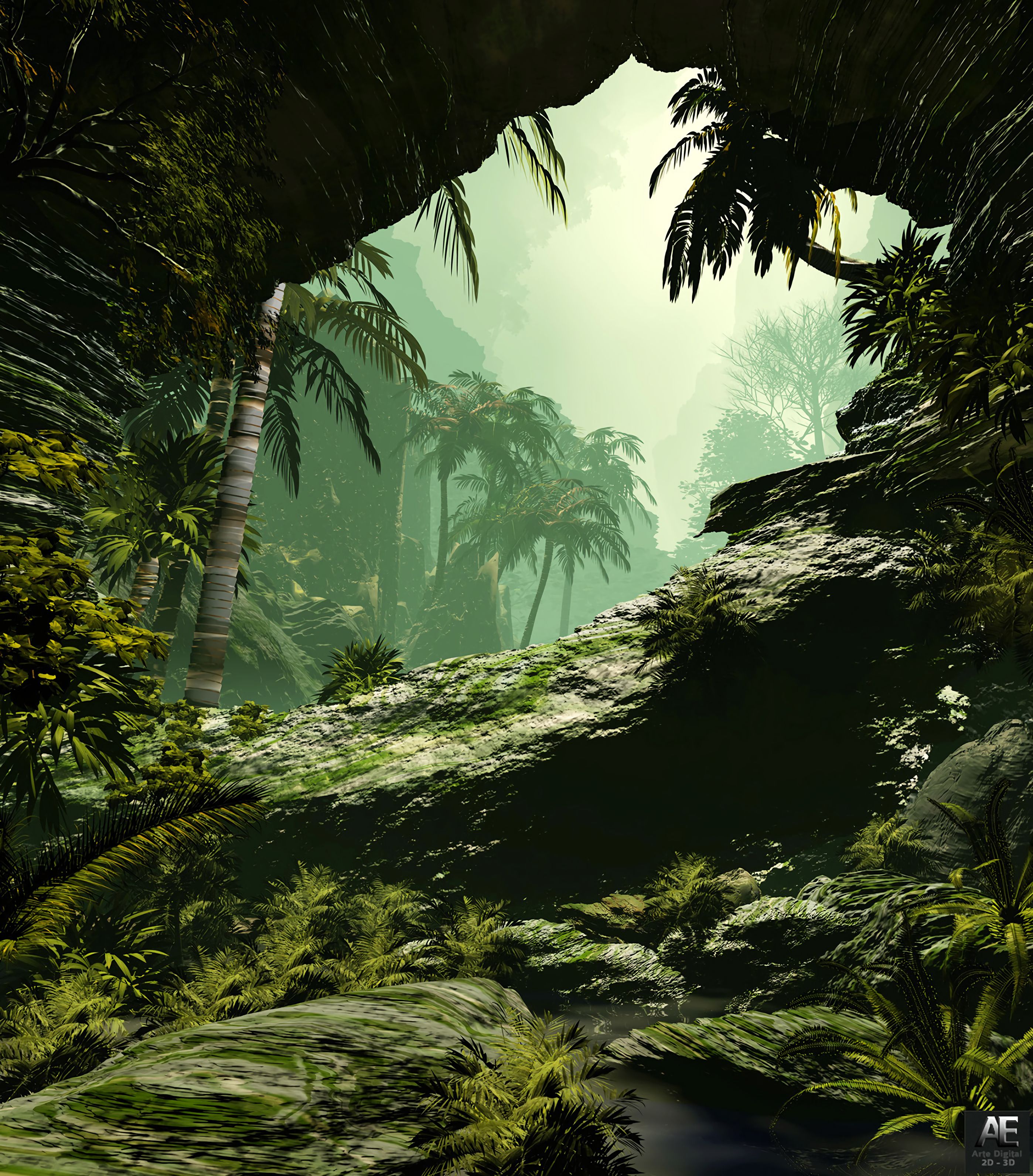 84620 скачать картинку джунгли, пальмы, арт, растительность - обои и заставки бесплатно