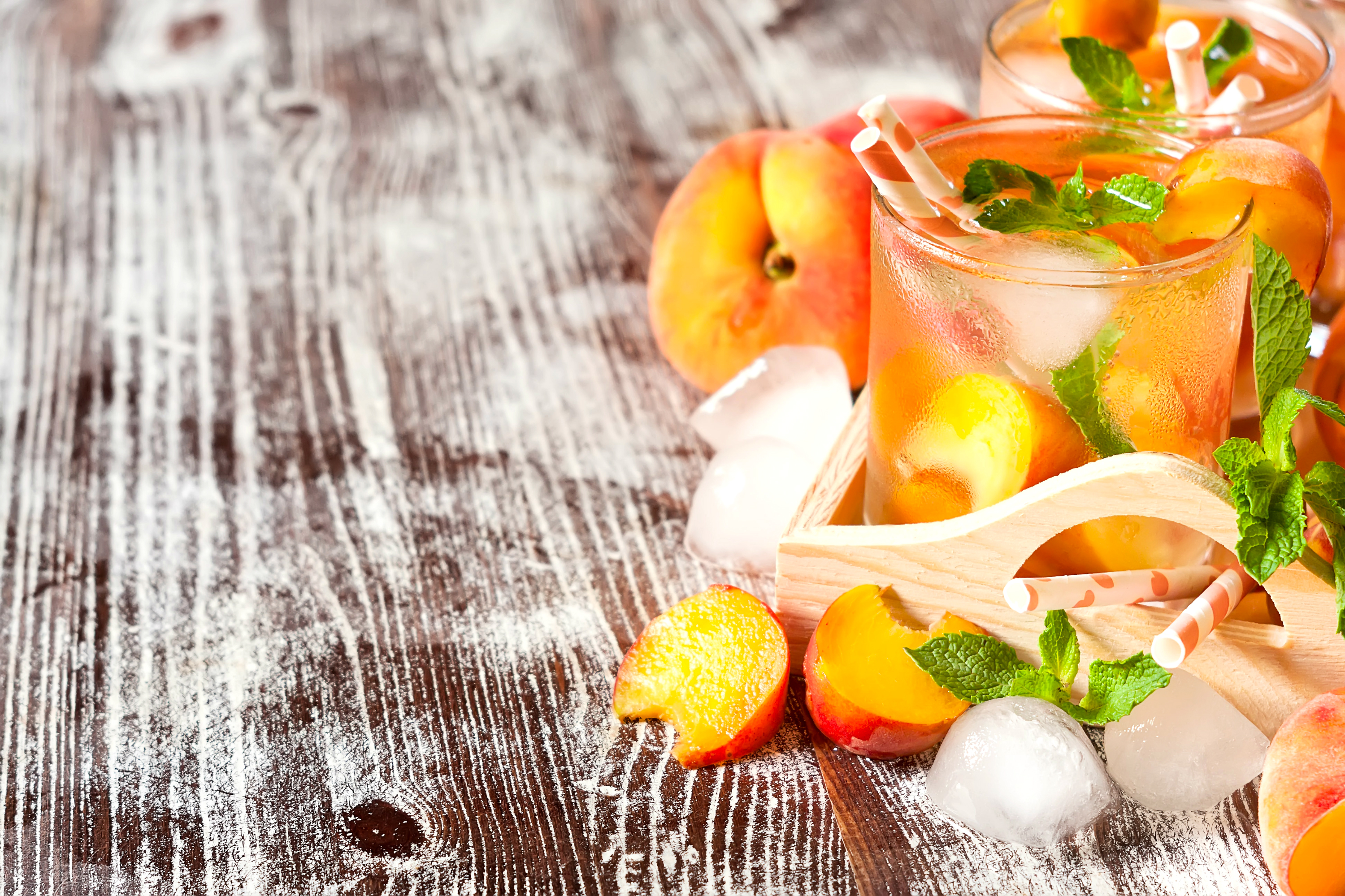 Download mobile wallpaper Homemade Lemonade, Peach, Ice, Mint, Food, Beverage, Drink for free.