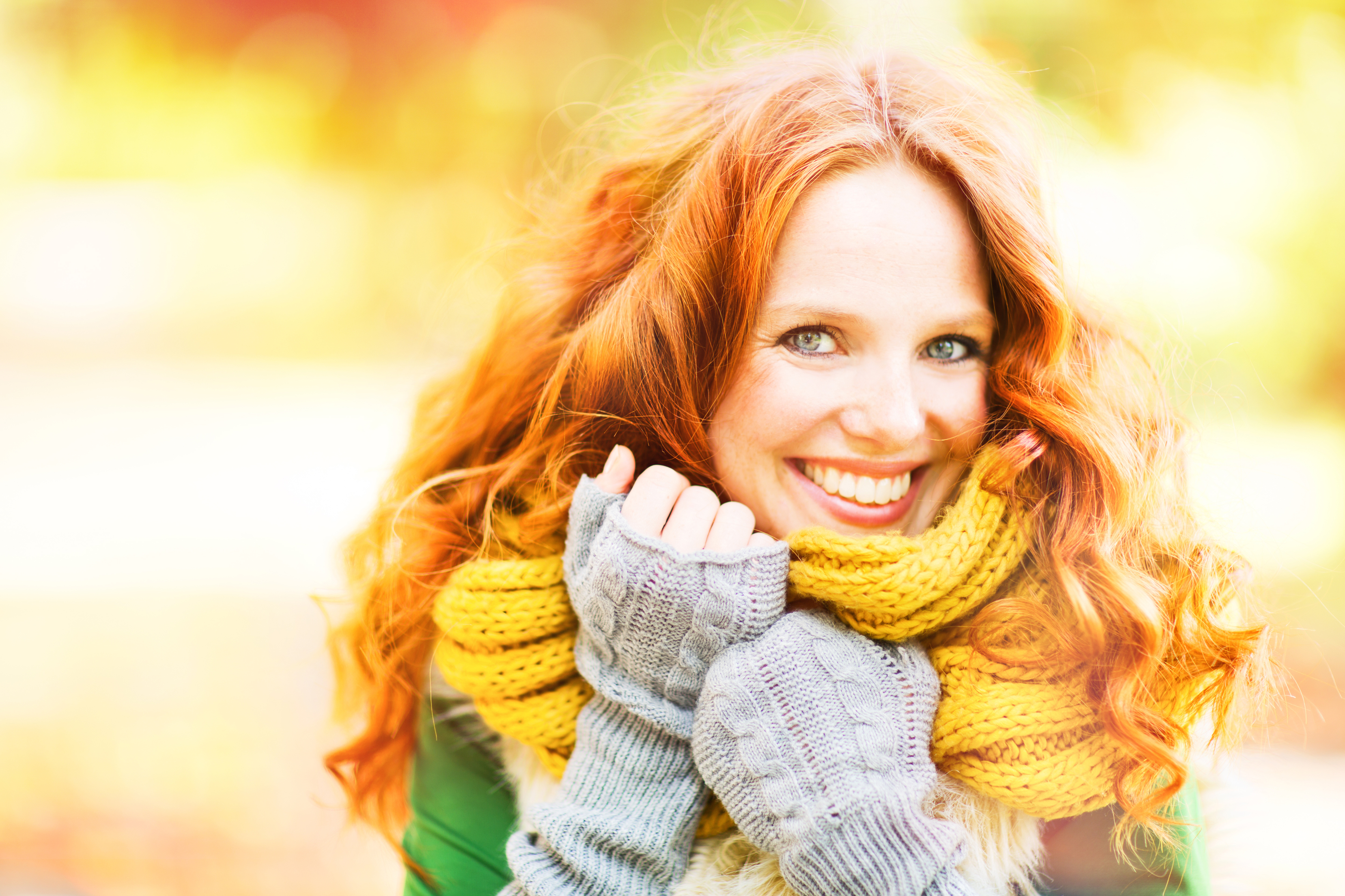 Download mobile wallpaper Smile, Redhead, Face, Model, Women, Scarf, Lipstick, Depth Of Field for free.