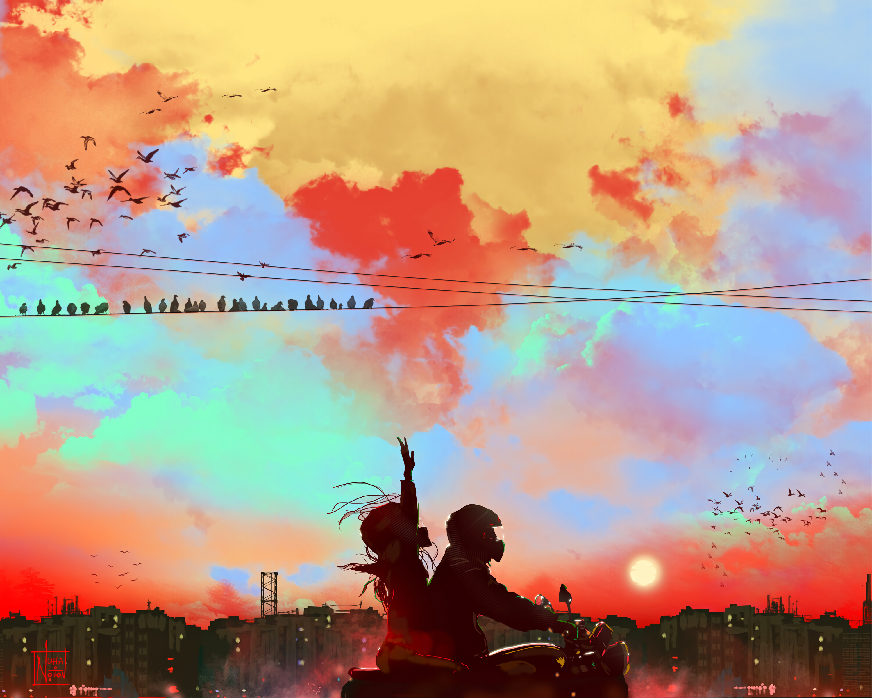 motorcycle, couple, pair, motorcyclist, art, sunset