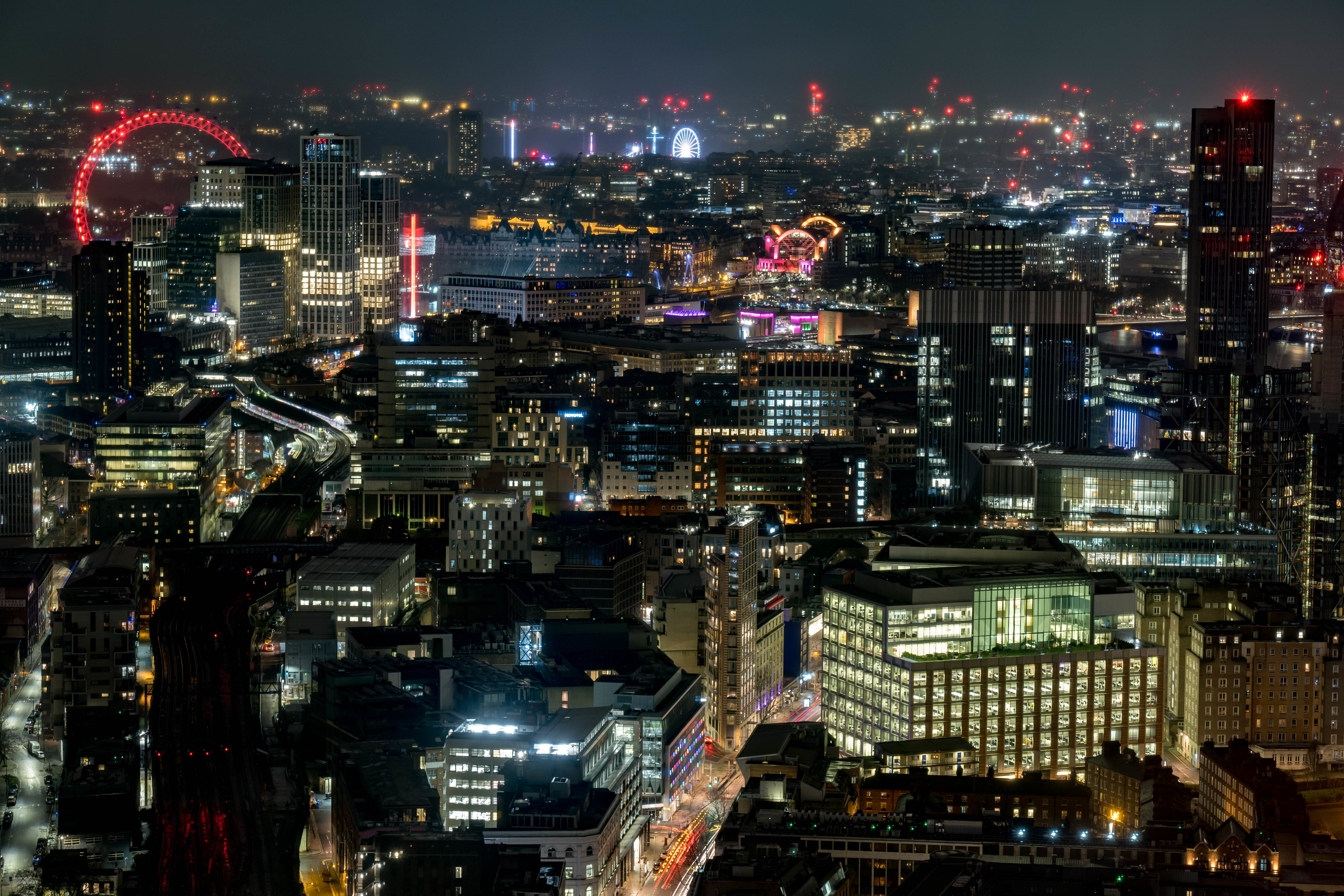 night city, london, cities, architecture, building, glow