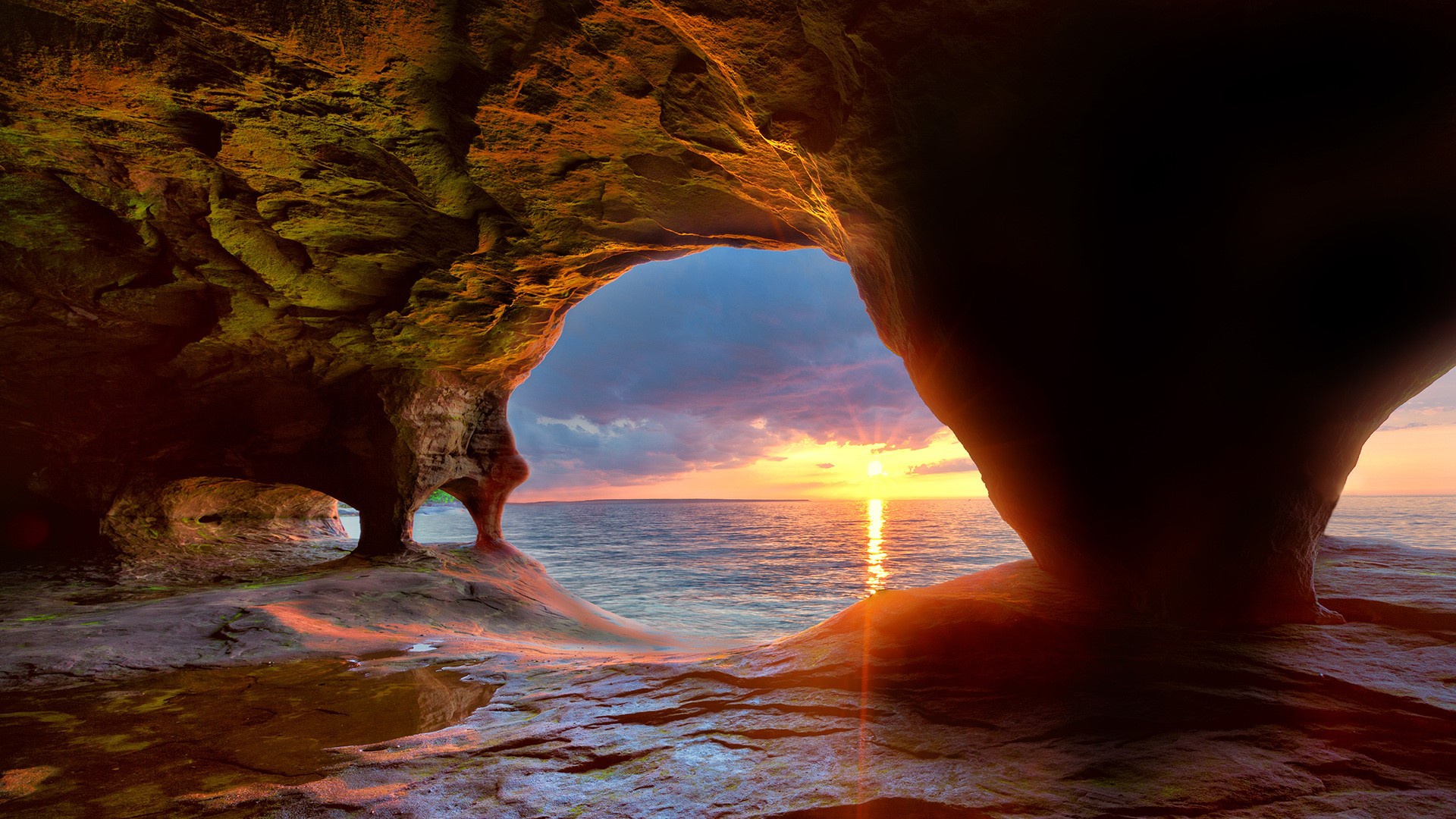 Скачать обои бесплатно Природа, Пещеры, Горизонт, Океан, Пещера, Восход Солнца, Земля/природа картинка на рабочий стол ПК