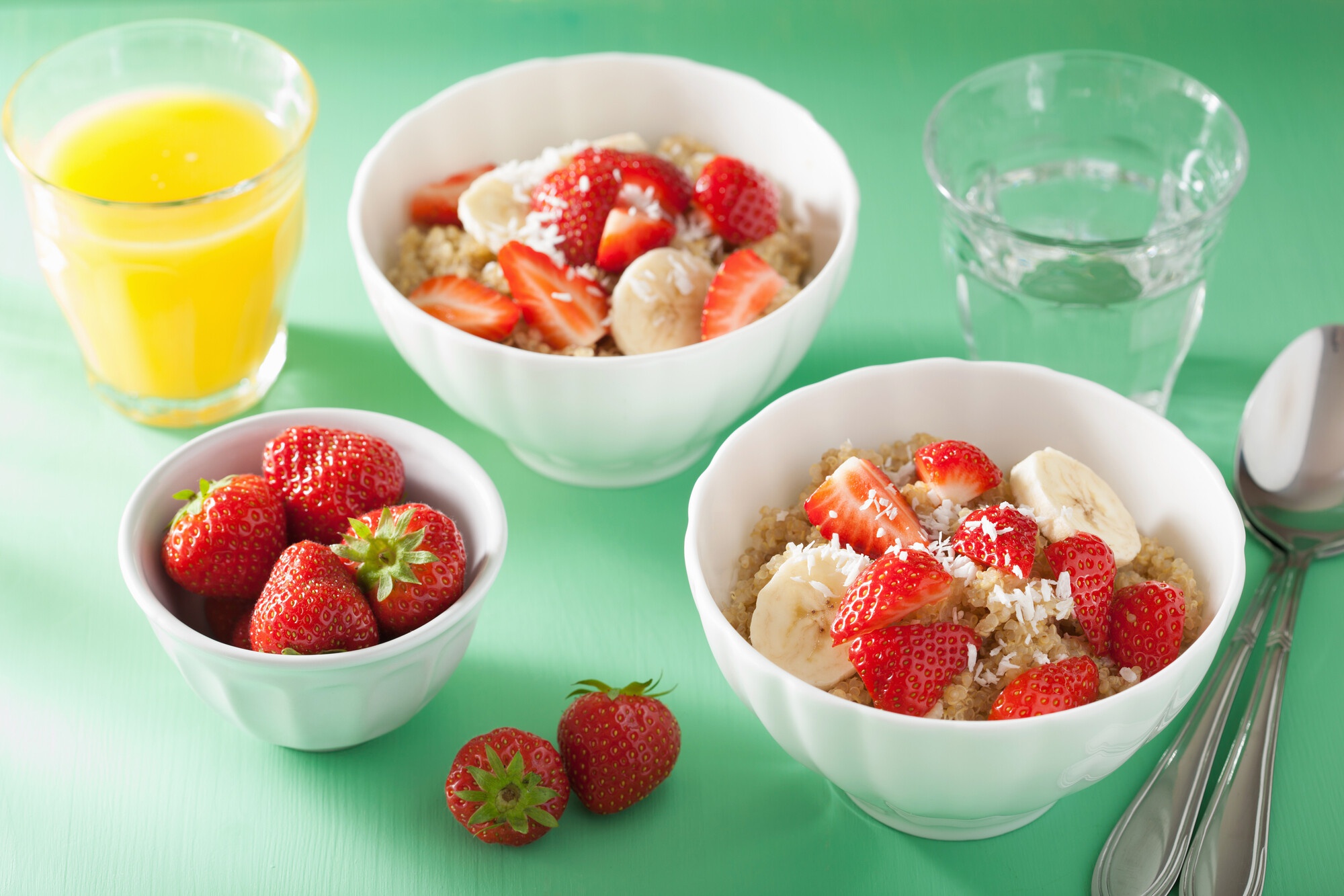 food, breakfast, banana, juice, oatmeal, strawberry