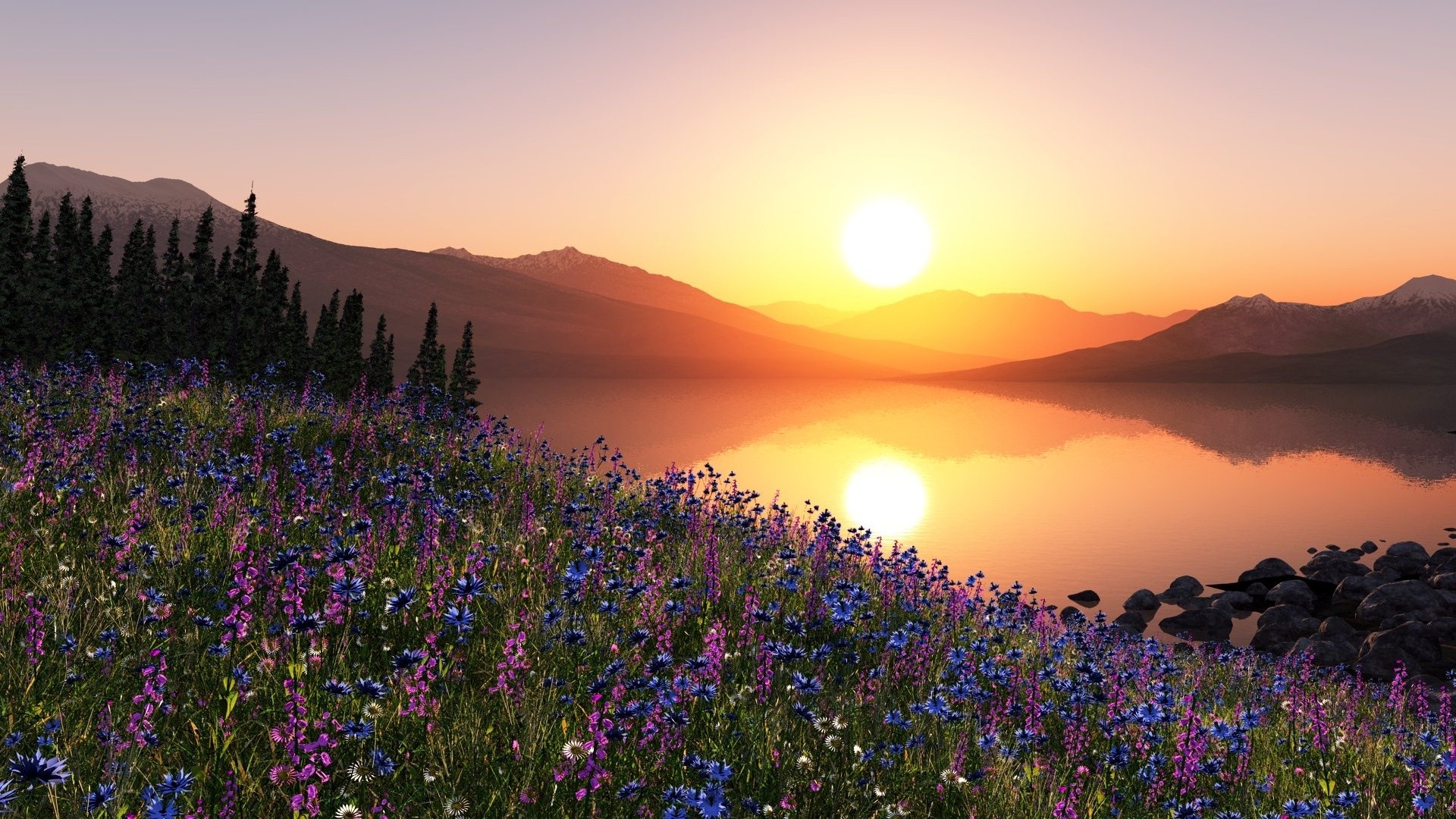 Download mobile wallpaper Sunrise, Scenic, Lake, Flower, Earth, Reflection, Sunset for free.