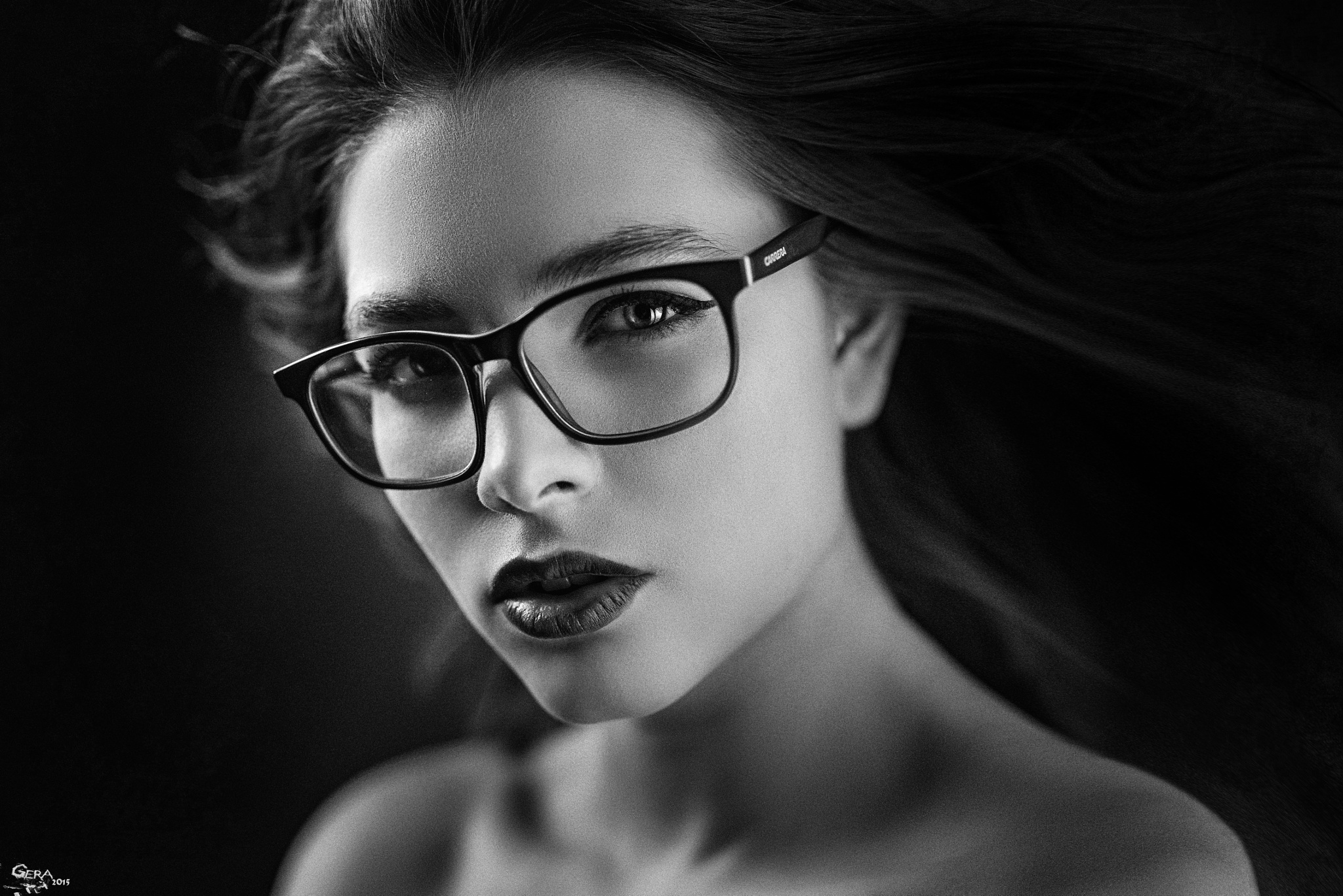 Download mobile wallpaper Glasses, Face, Model, Women, Black & White for free.